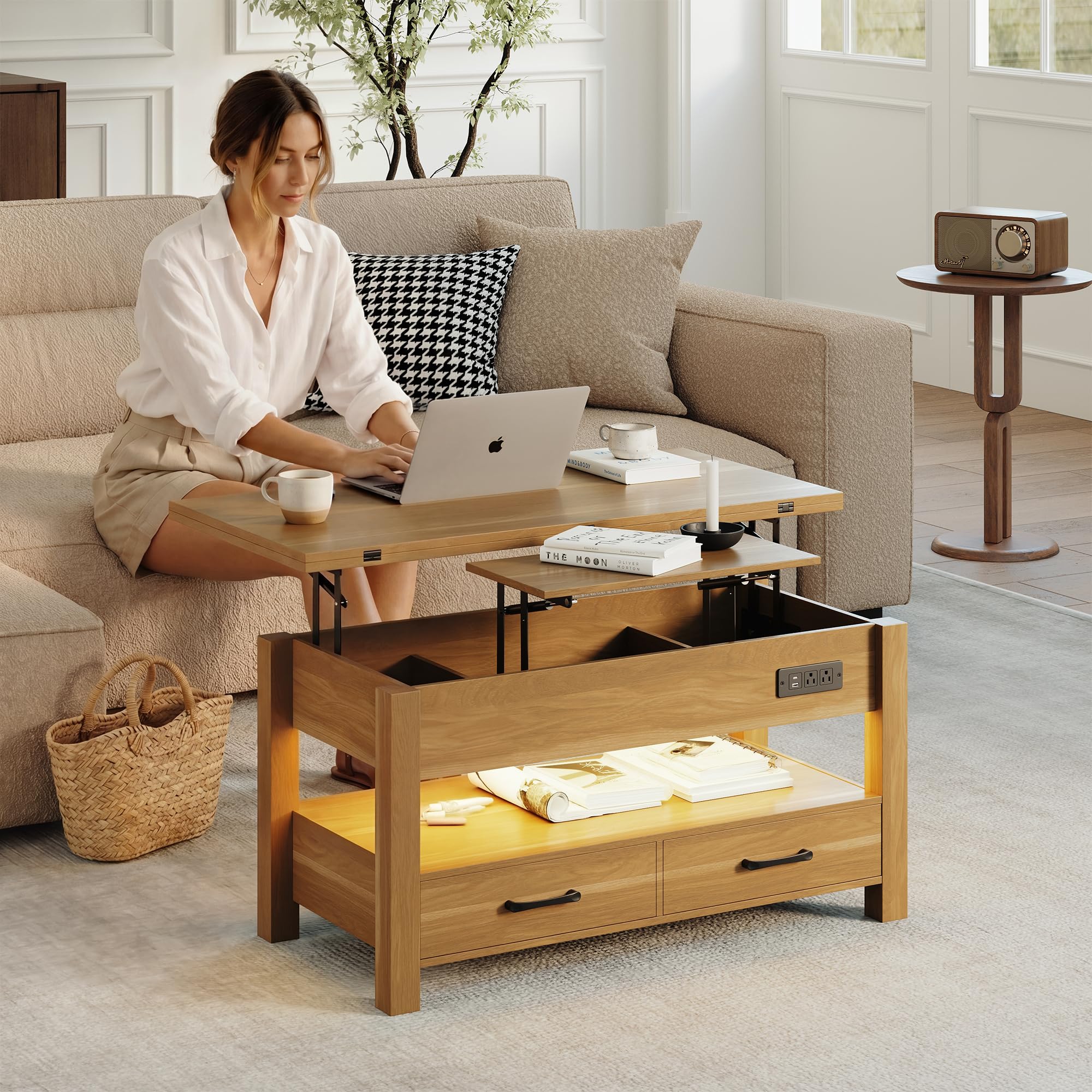 MALOL Table Basse Relevable Intelligente pour Salon, 4 en 1 Multifonction Moderne avec Tiroirs De Rangement, Table Basse en Bois Style Ferme, Naturel