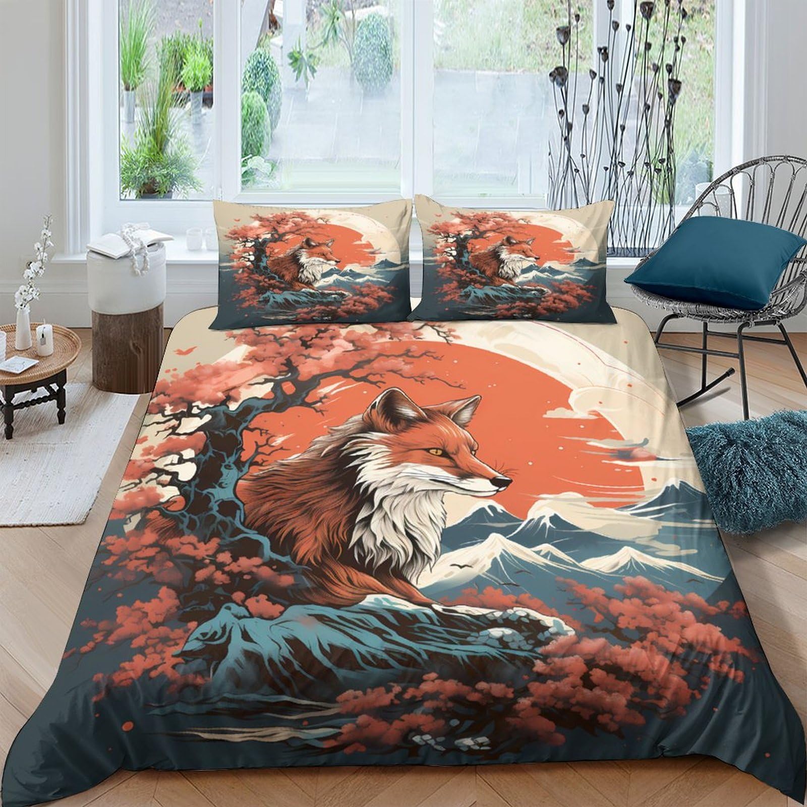 TUFRTGYHN 3D Printed Red Forest Fox Duvet Cover Set Microfiber Soft Breathable Mountain Sunset Bedding with 2 Pillowcases for Bedroom Home Decor Single（135x200cm）