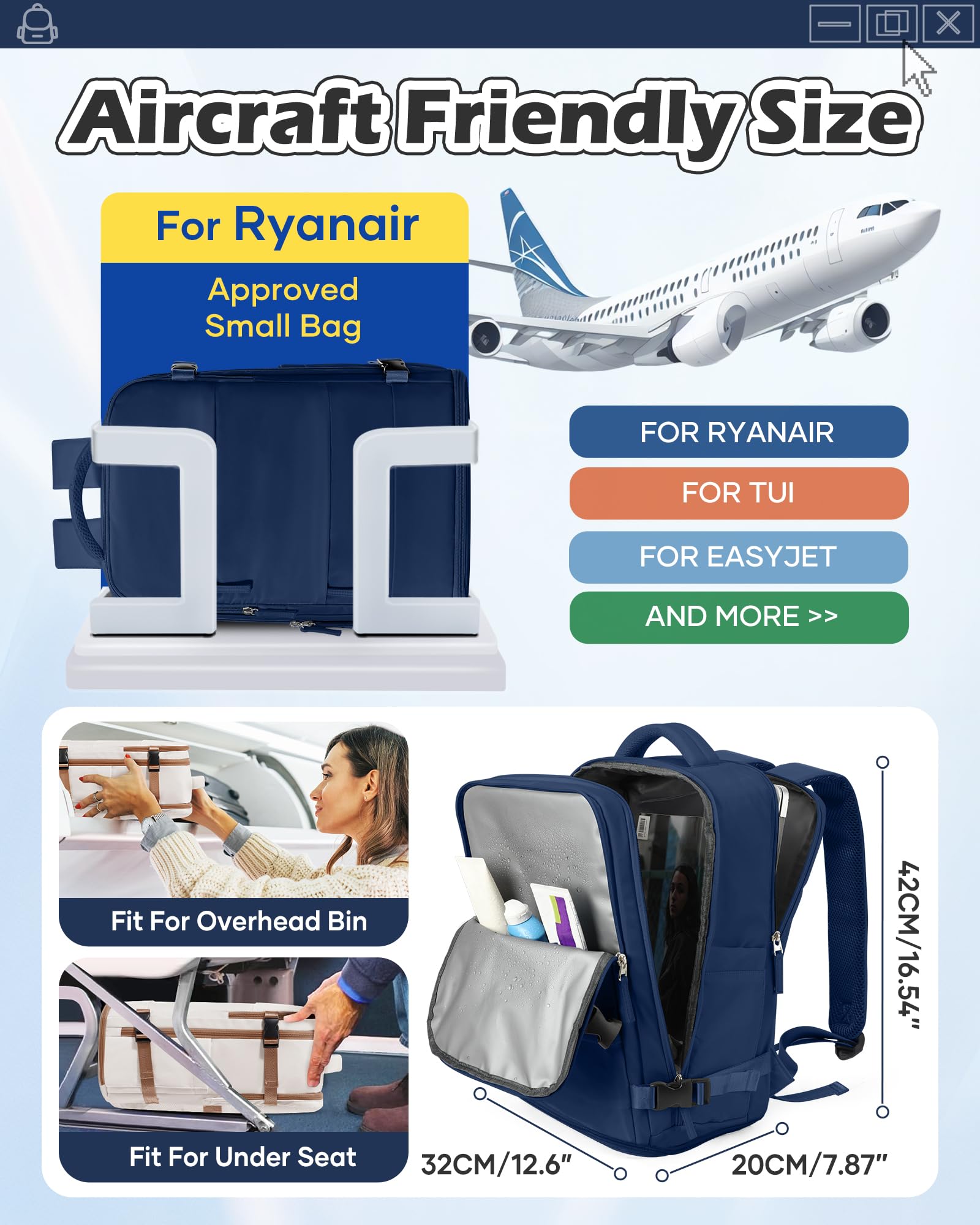 SZLX Zaino Ryanair 40x30x20 Sottovuoto Zaino da Viaggio 40x30x20 Wizzair Donna da escursionismo sportivo impermeabile Zaino Casual Laptop da 14 Pollici con porta di ricarica USB Scomparto per Scarpe