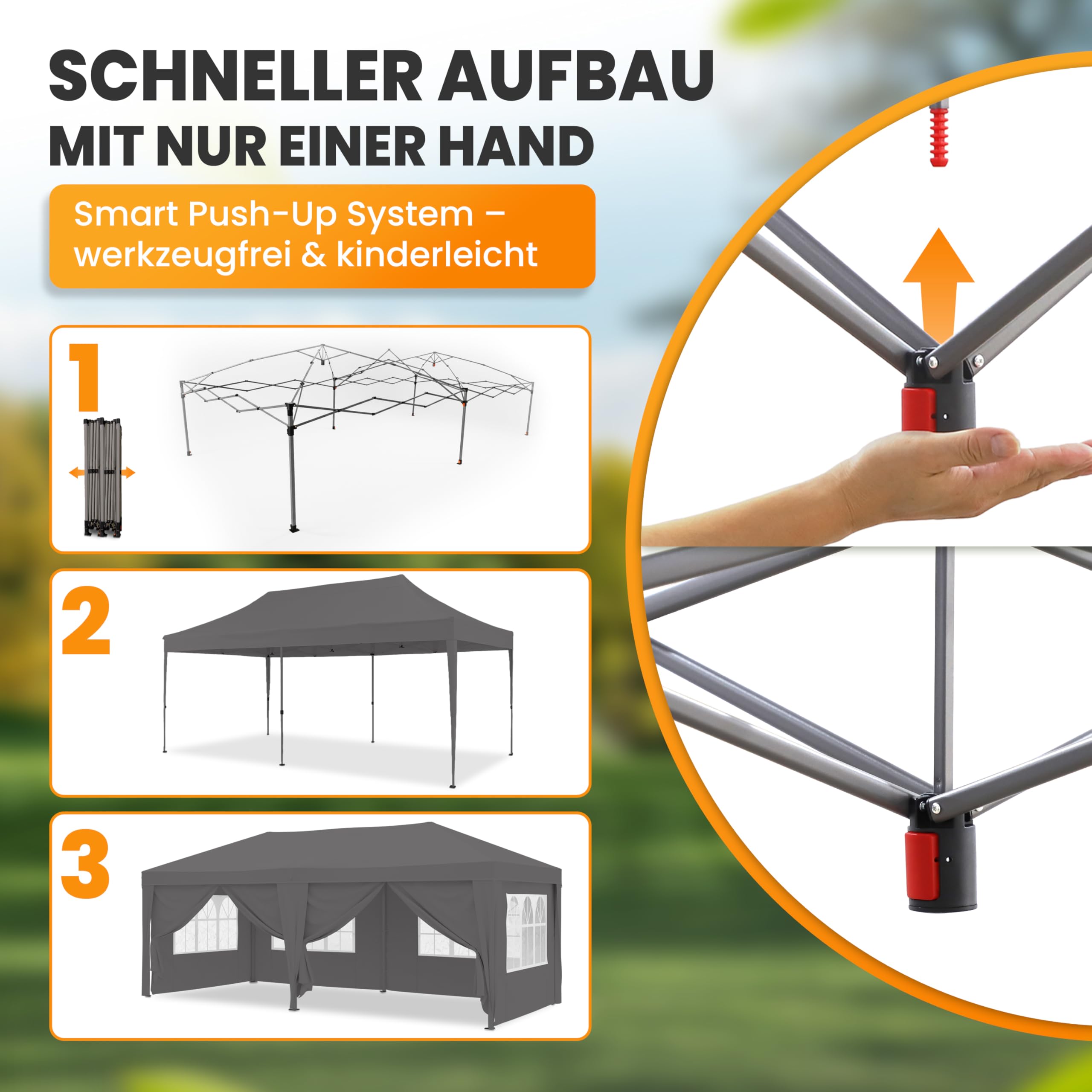 NATURIZ® Pavillon 3x6 Wasserdicht, Stabil und UV 50+ Schutz - Faltpavillon mit Seitenwänden hochwertig- Pop Up Zelt für Garten, Camping, Märkte - Partyzelt, Gartenpavillon, Gartenzelt (Grau, 3x6m)