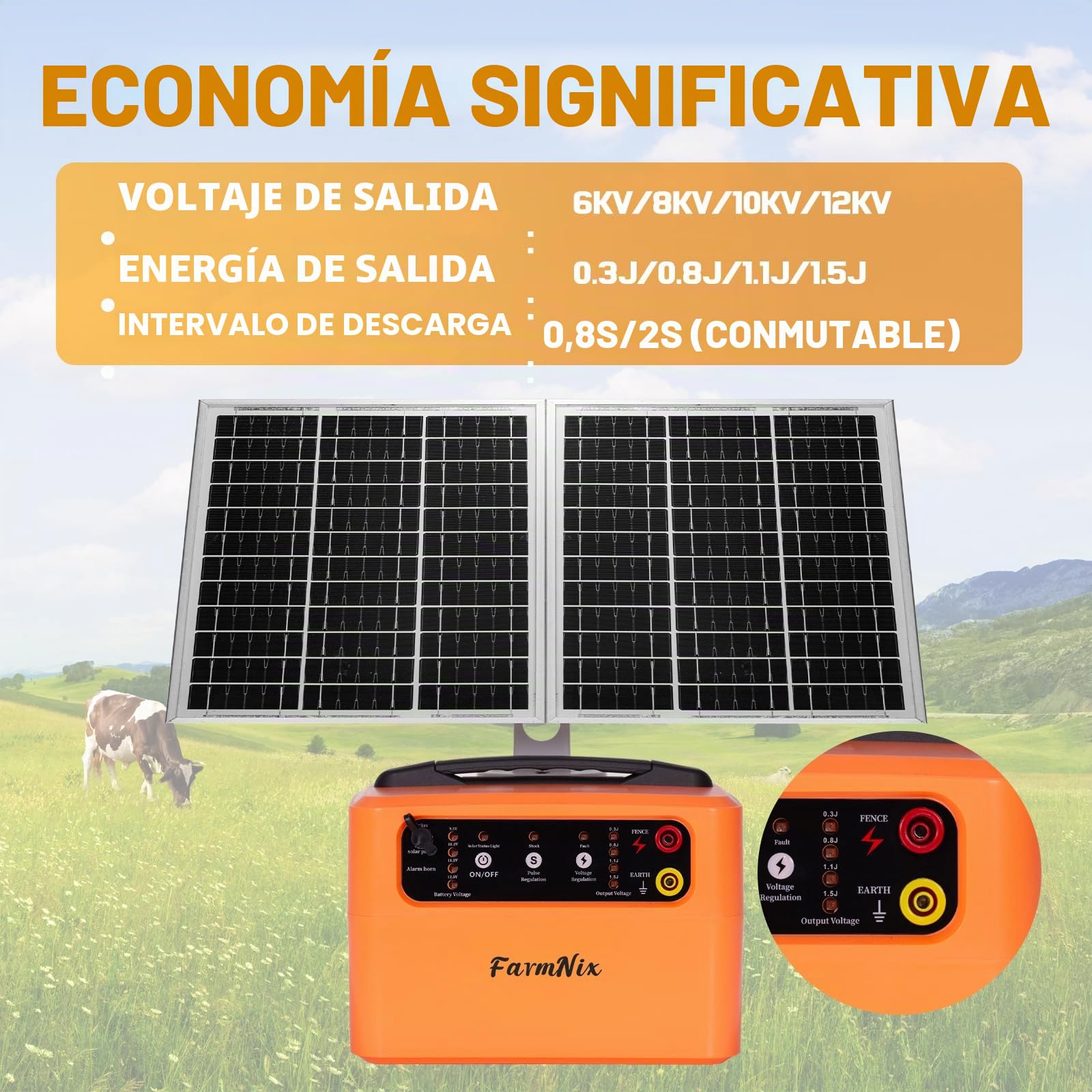 48 KM Pastor Electrico Solar, 0,3 J-1,5 J, 6 KV-12 KV Cerca Eléctrica Controlador con Panel Solar de 15 W, con Batería de Plomo-ácido Integrada de 12 V y 7 Ah, Apto para Ganado Vacuno y Ovino, Granjas