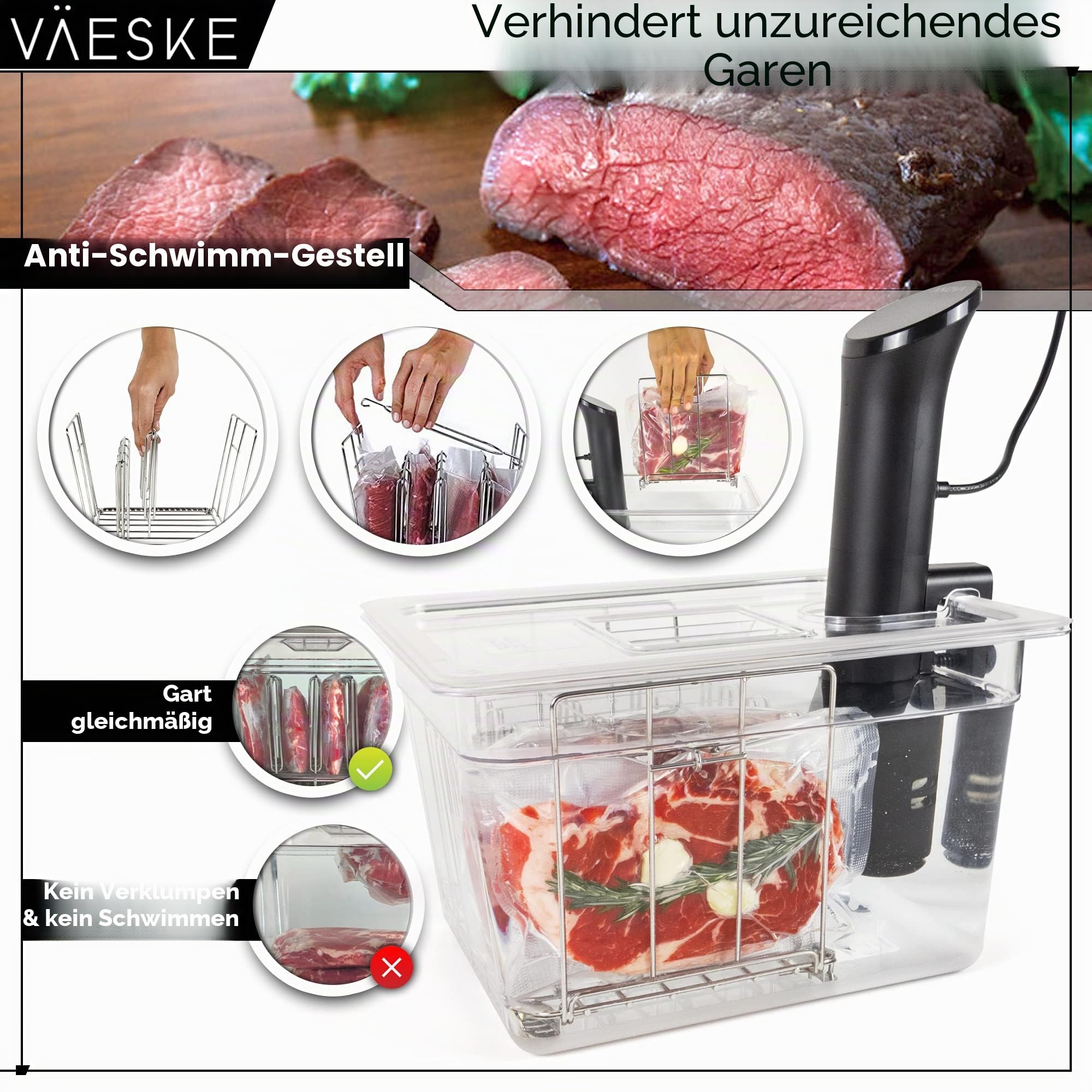 VÄESKE Isolierter Sous-Vide-Behälter mit Deckel und Gestell, speichert Wärme und schützt Arbeitsflächen, funktioniert mit den meisten Sous-Vide-Kochfeldern (12 QT)
