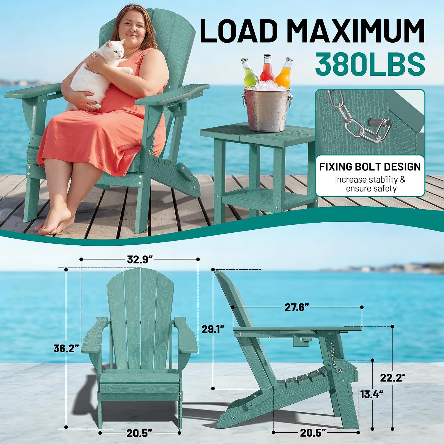 PLUUV Folding Adirondack Chair, Hdpe All-Weather Patio Chairs with Cup Holder, Wooden Textured Fire Pit Chairs, Outdoor Chair for Poolside, Backyard, Deck（Aruba）