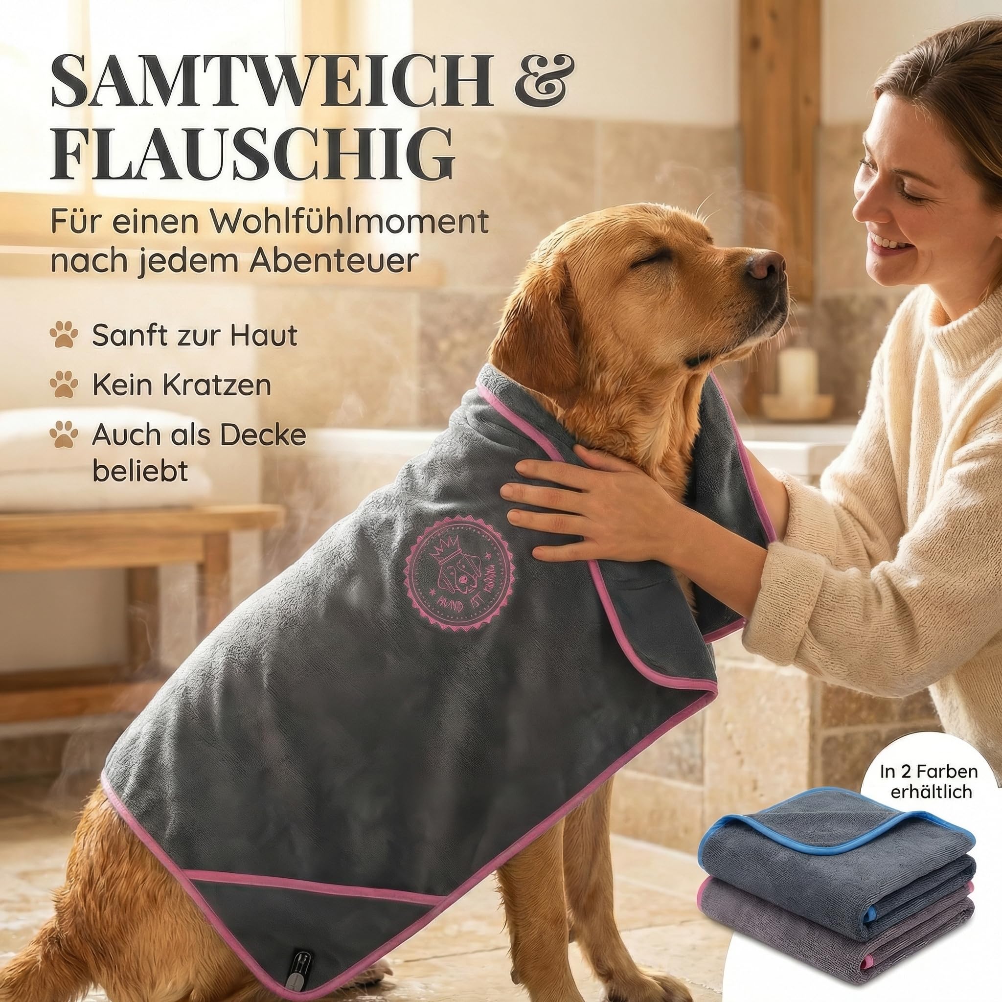 HUND IST KÖNIG Serviette pour Chien de qualité supérieure - Extra absorbante - Ultra Douce et Moelleuse - en Microfibre puissante - avec 4 Poches - Lavable à 60 °C - Séchage Rapide - 130 x 75 cm