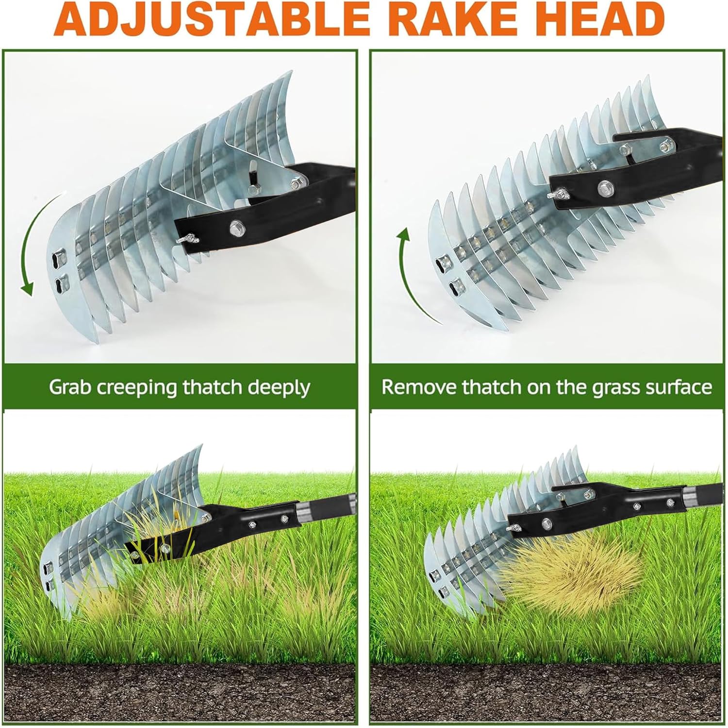 Thatch Rake,15" Lawn Dethatcher Rakes,Dead Grass Remover,Manual Dethatching Rake with Adjustable Length Handle,Scarifier Rake,Thatching Rakes for Lawns Grass Loosening Soil
