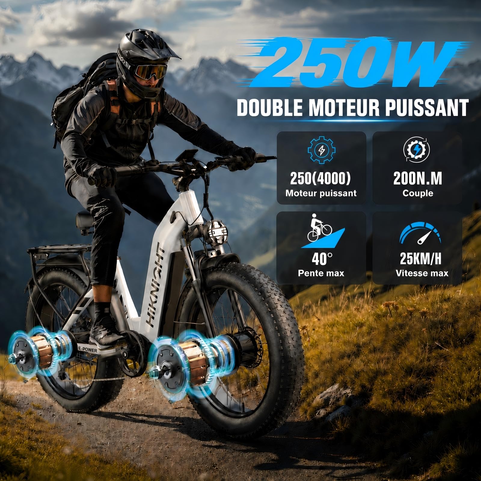 Fat Bike Électrique Adulte 26×4,0", VTT Électrique, Double Moteur, Batterie 52V 20Ah, Autonomie 120 km, Freins Hydrauliques