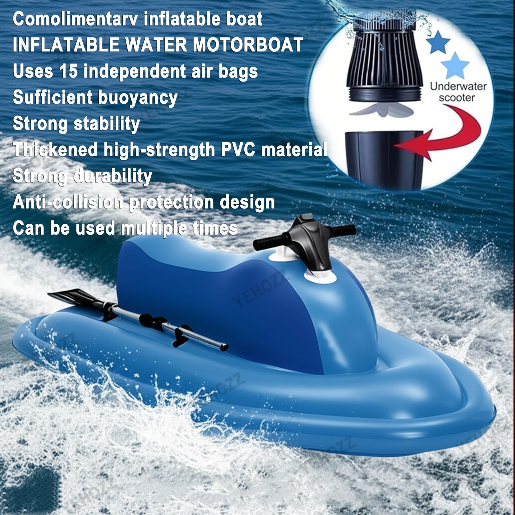 Bateau à Réaction Gonflable, Bateau à Moteur électrique, Jet Ski, Kayak 500 W, Moteur électrique, Sup, Scooter sous-Marin Motorisé pour Adultes Et Enfants Blue-500W16000mAh