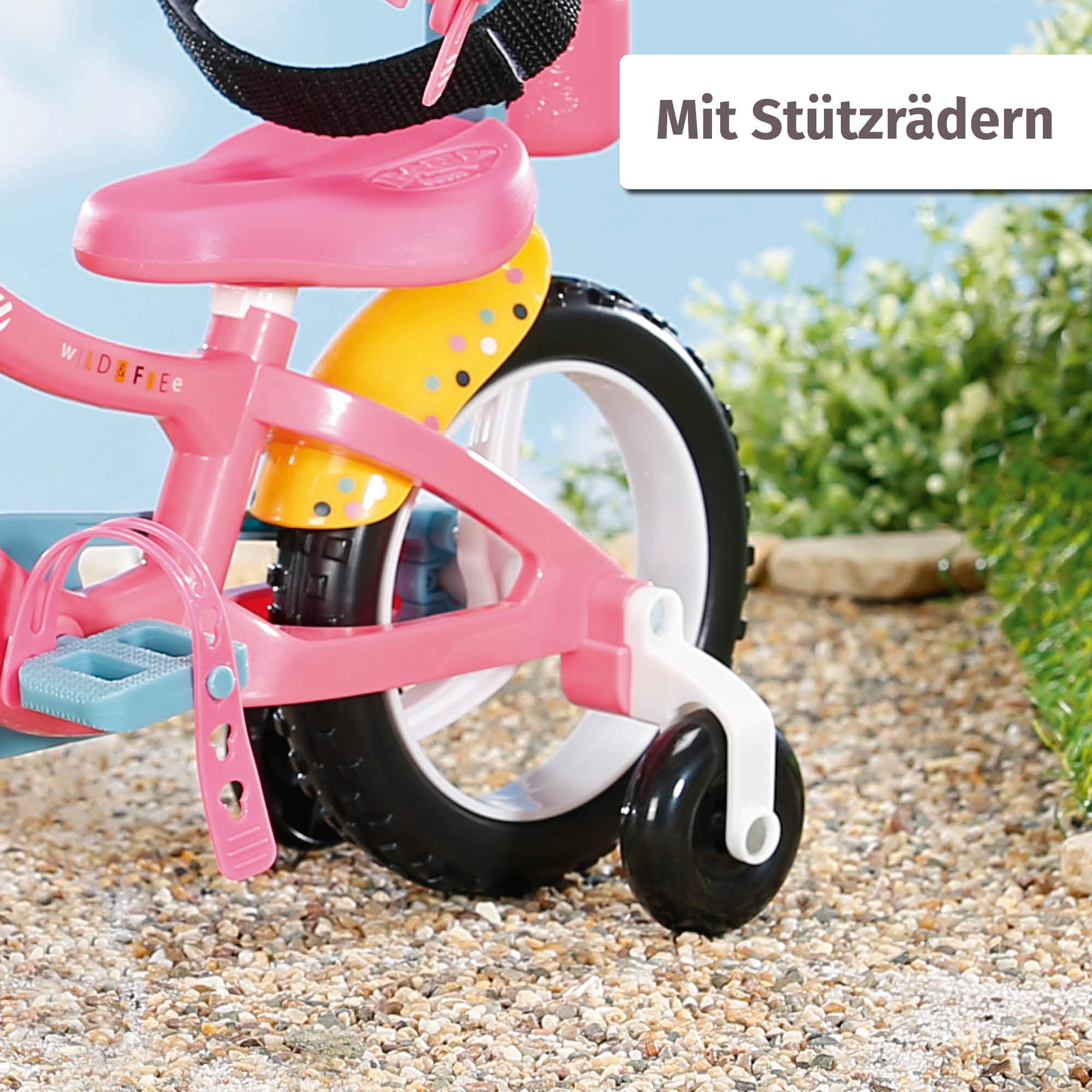 BABY Born Zapf Creation 835210 Fahrrad- rosa Puppenfahrrad für 43cm große Puppen mit Stützrädern, Schlaufen und Sicherheitsgurt, Blinklicht, Hupe und Flasche.