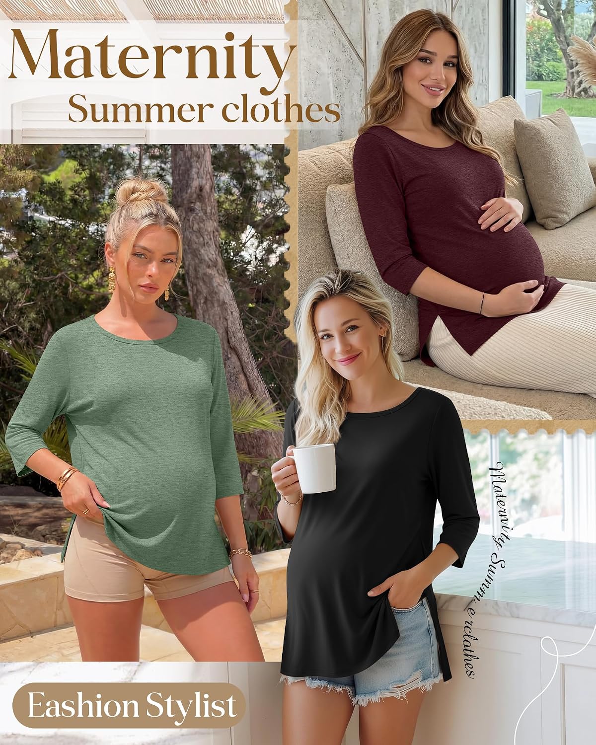 3 Pack Women's 3/4 Sleeve Maternity Shirts Elbow Length Clothes Round Neck Tunics Pregnancy Loose Side Split Tops