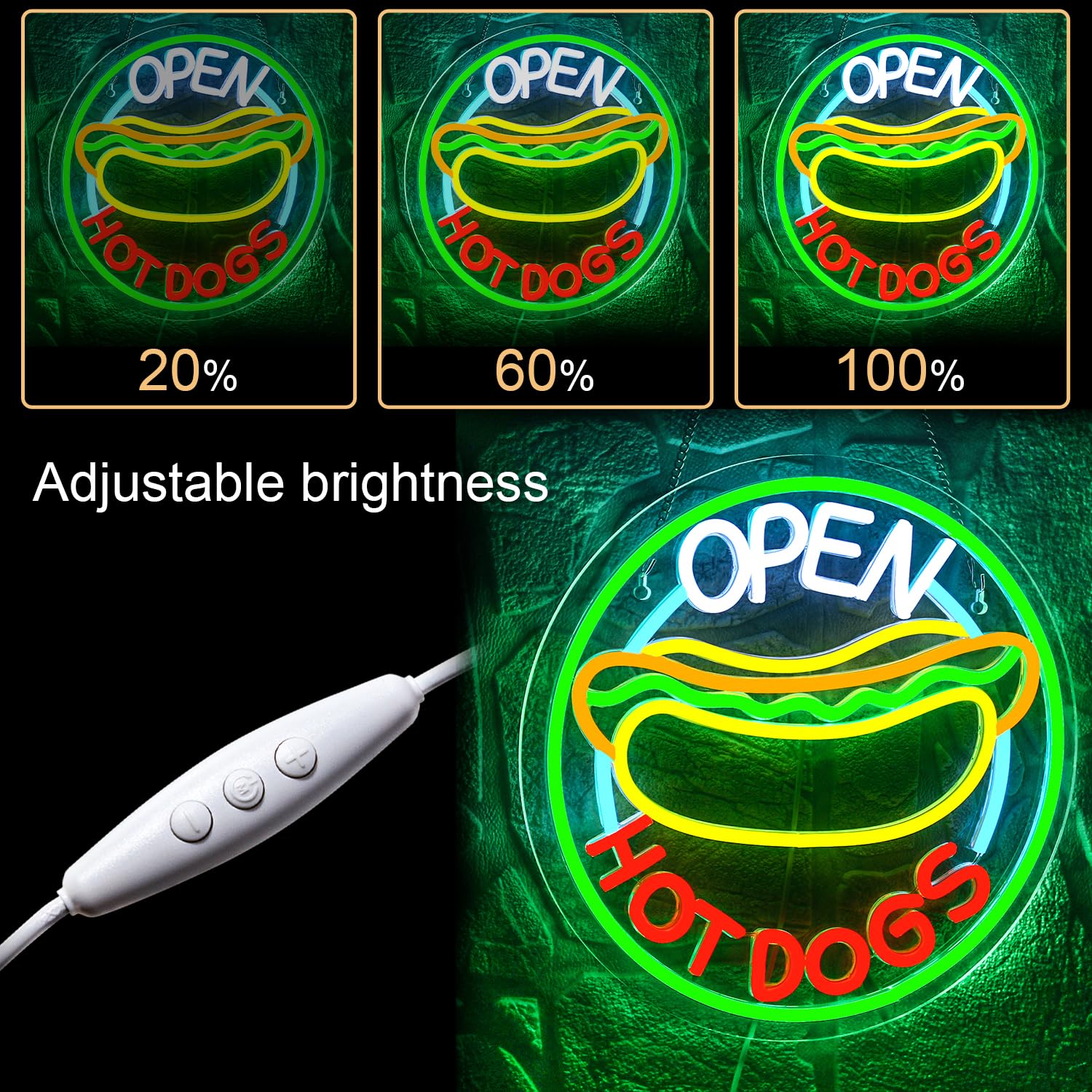 WLHOPE Hot Dogs Neon Signs for Wall Decor,Open Signs for Business,LED Open Neon Sign,Open Sign Window With Adjustable Brightness,Connectivity Via USB,Suitable Hot Dog Store Cafeteria