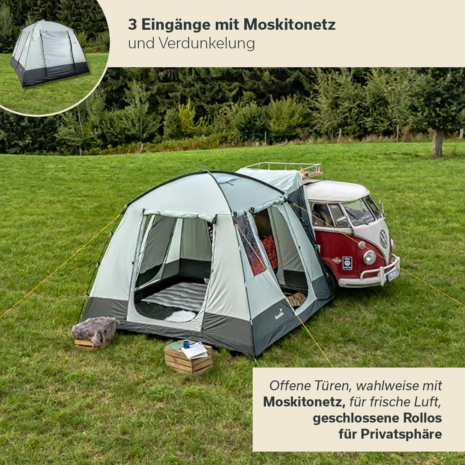 Skandika Busvorzelt Pitea Van Protect | 4 Personen, freistehend, eingenähter Zeltboden, 2,2 m Stehhöhe, große Fenster, wasserfest, 3000 mm Wassersäule, Moskitonetze, 3 x 3 m, Kuppelzelt für Bus, Caddy
