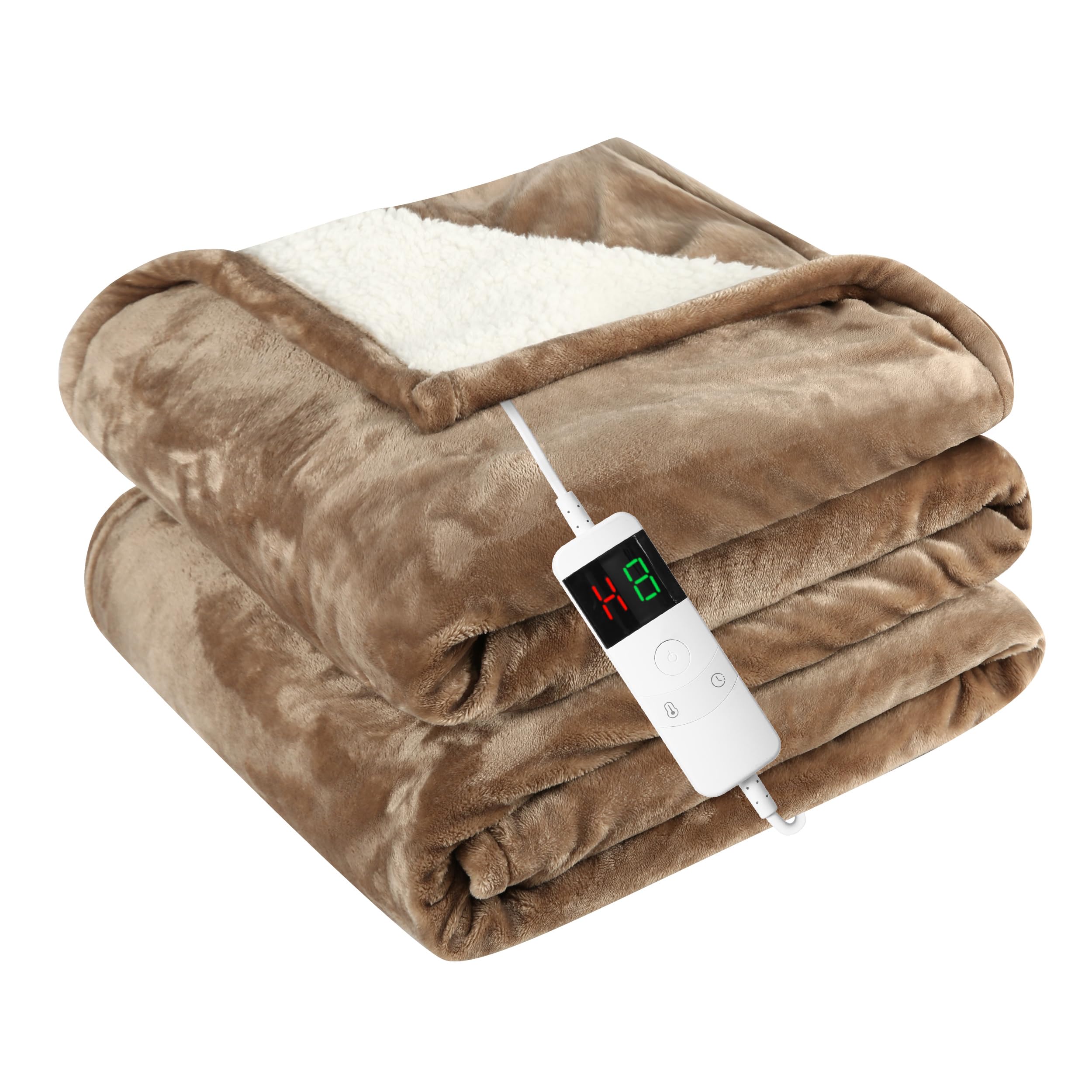Manta calentada con apagado automático, 130 x 180 cm, 10 niveles de calentamiento 8 horas, temporizador automático apagado protección contra sobrecalentamiento (camel, 150 x 180 cm)