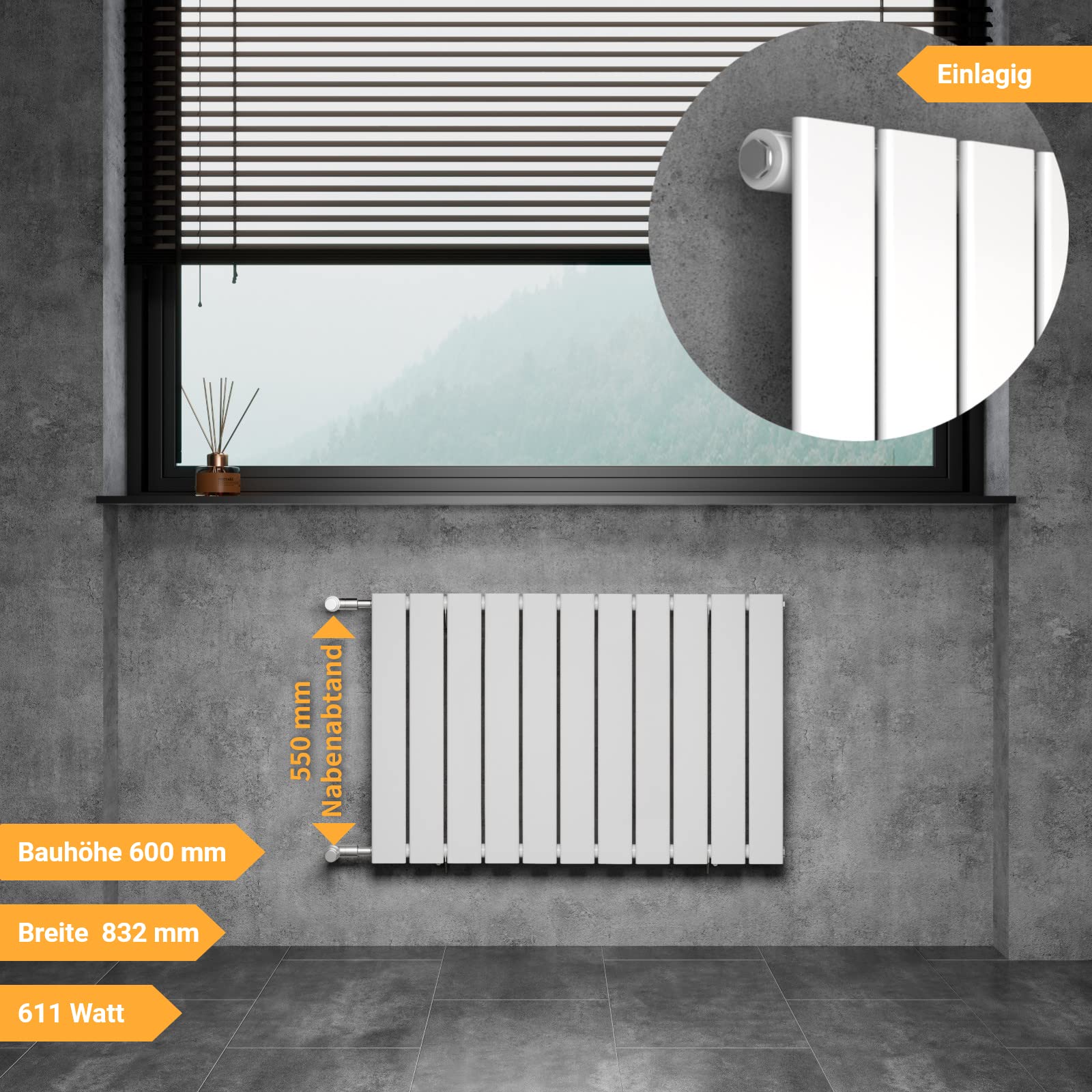 Radiatore di design piatto a pannello, orizzontale, 600 x 830 mm, riscaldamento per bagno, radiatore piatto con connettori laterali, 611 Watt, bianco