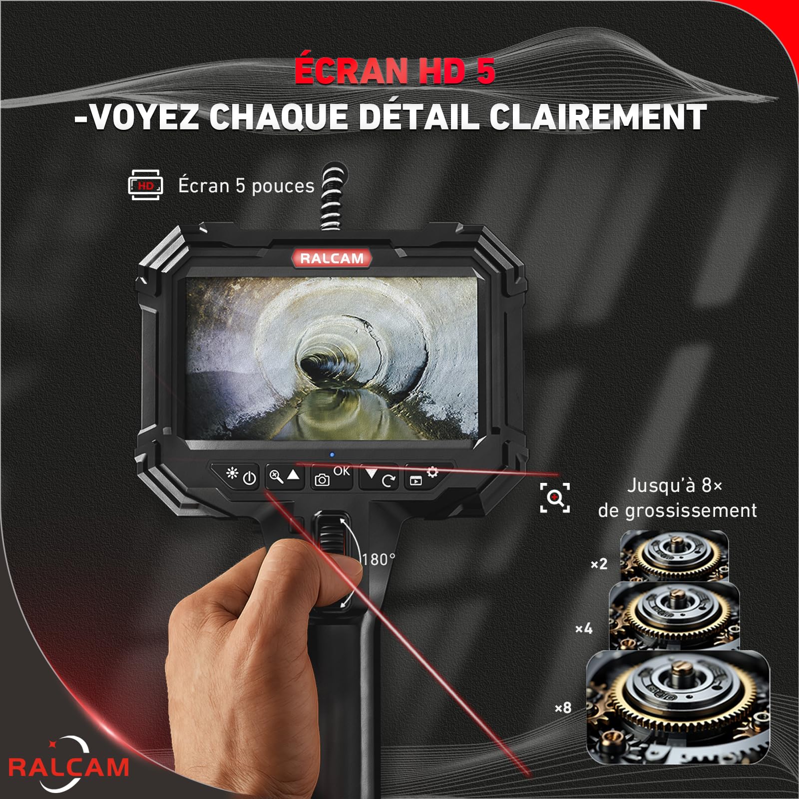 Ralcam Caméra endoscopique avec lumière, tête Mobile à 210°, sonde de 5,5 mm, écran HD 5", caméra d'inspection IP67, Tube Serpent élastique de 1,5 m, caméra Tubulaire pour Voiture et Maison