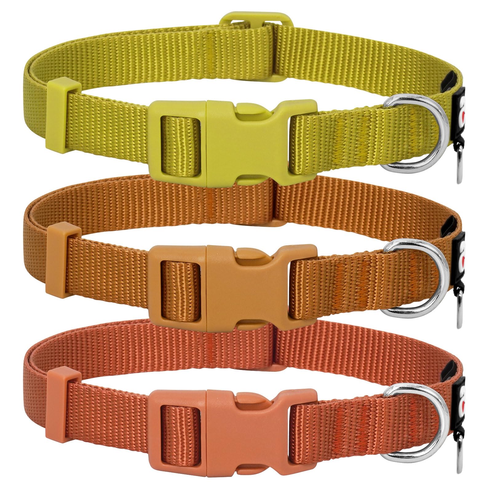 azuza 3 Pack Fall Dog Collars Comfortable and Adjustable Nylon Dog Collars for Small Dogs, S (11-16inch)， Ginger Yellow, Rust Orange and Latte Brown
