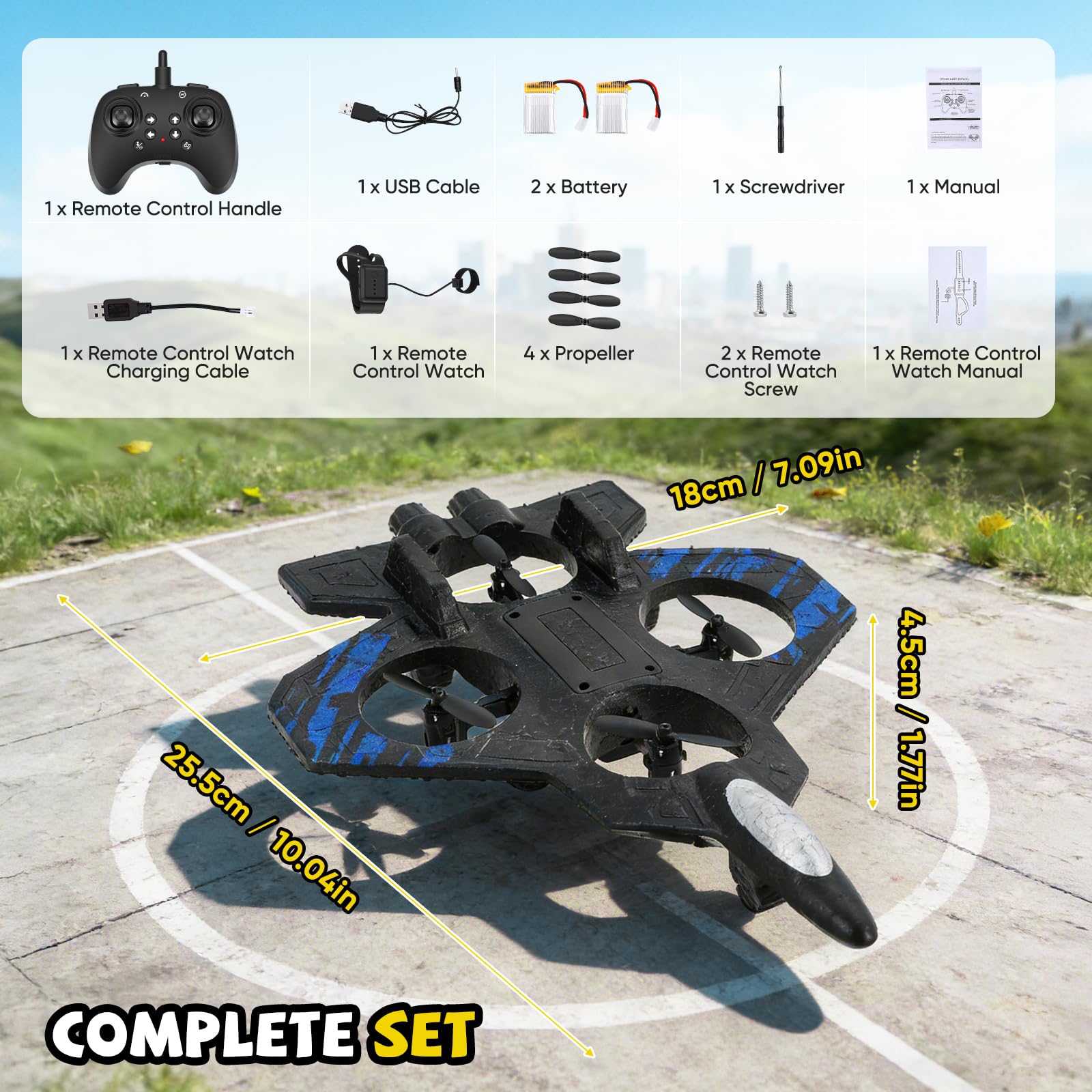 Avión de control remoto, doble control (mando a distancia y mando a mango), RC Avión 360° Rotación, 3 velocidades, con luz LED y hélice de repuesto, avión exterior para niños (azul)