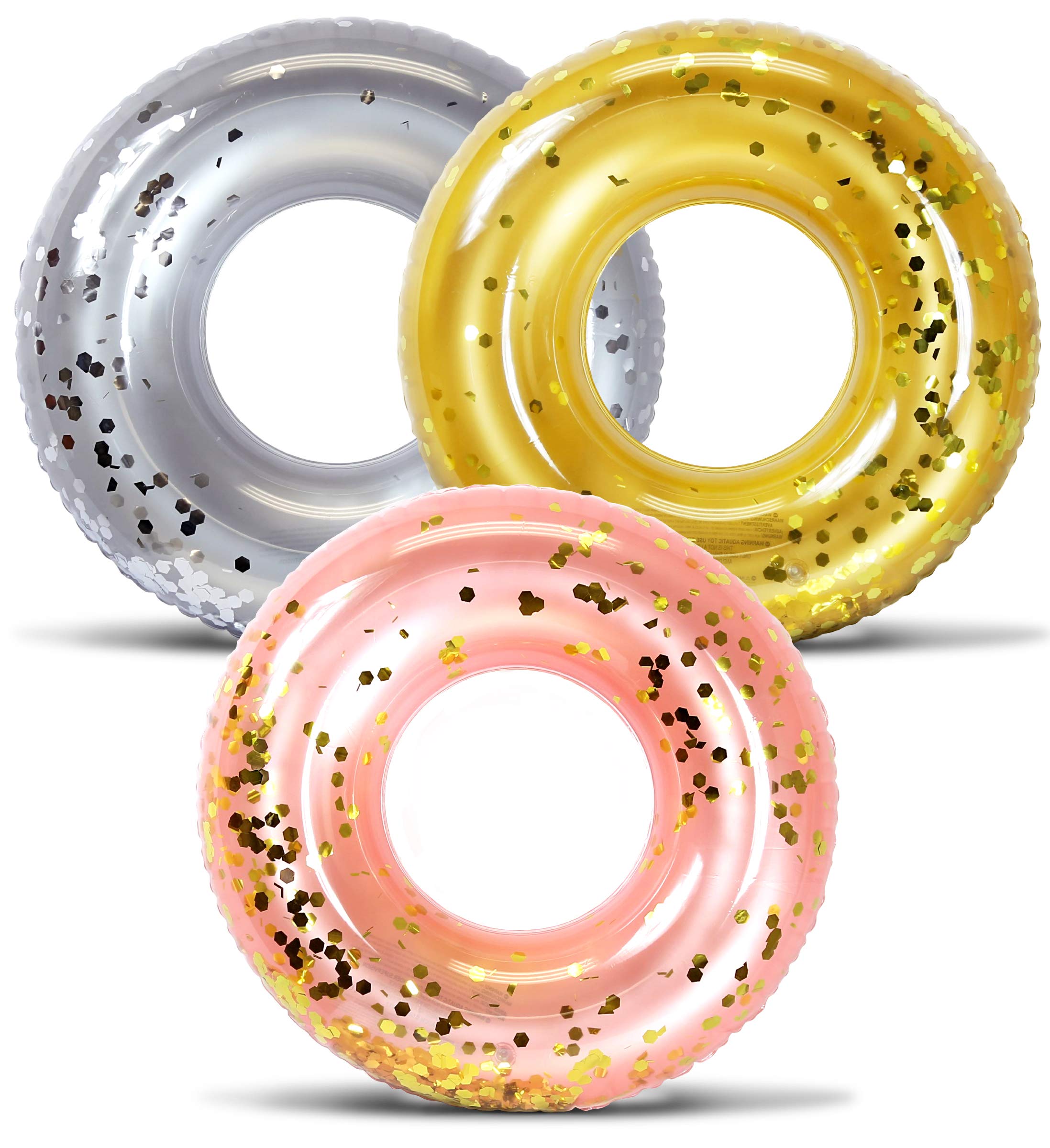 Mozlly Silver, Gold, and Rose Gold Inflatable Pool Floats Tube Set of 3 - Premium Fun Confetti Swim Rings Toys, Adult and Kids Pool Float Water Tubes