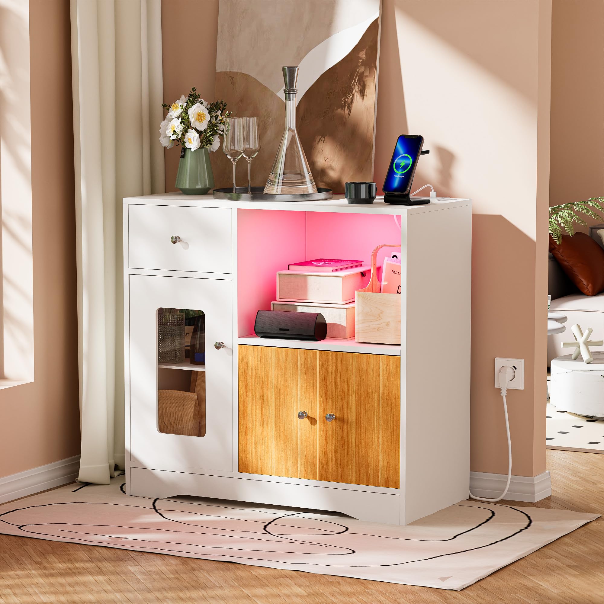 Küchenschrank mit mit RGB LED & 2AC/2USB, Buffetschrank mit Mikrowellenregal & Verstellbaren Ablagen, Sideboard mit Arbeitsplatte & Schubladen für Wohnzimmer Küche (83x40x80cm,Braun und Weiß）