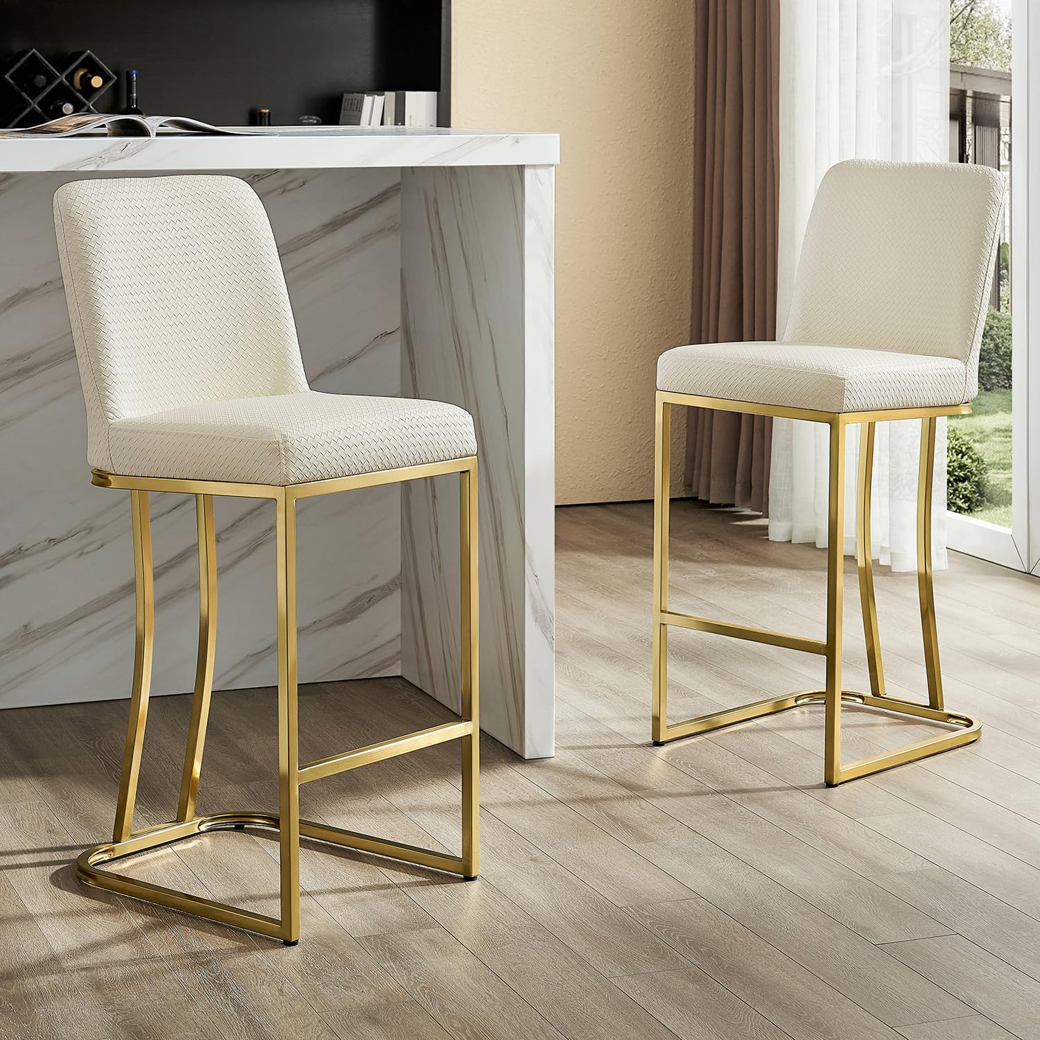 Ugijei White and Gold Bar Stools Set of 2, 26" Counter Height Bar Stools with Back, Modern Faux Leather Upholstered Kitchen Counter Barstools with