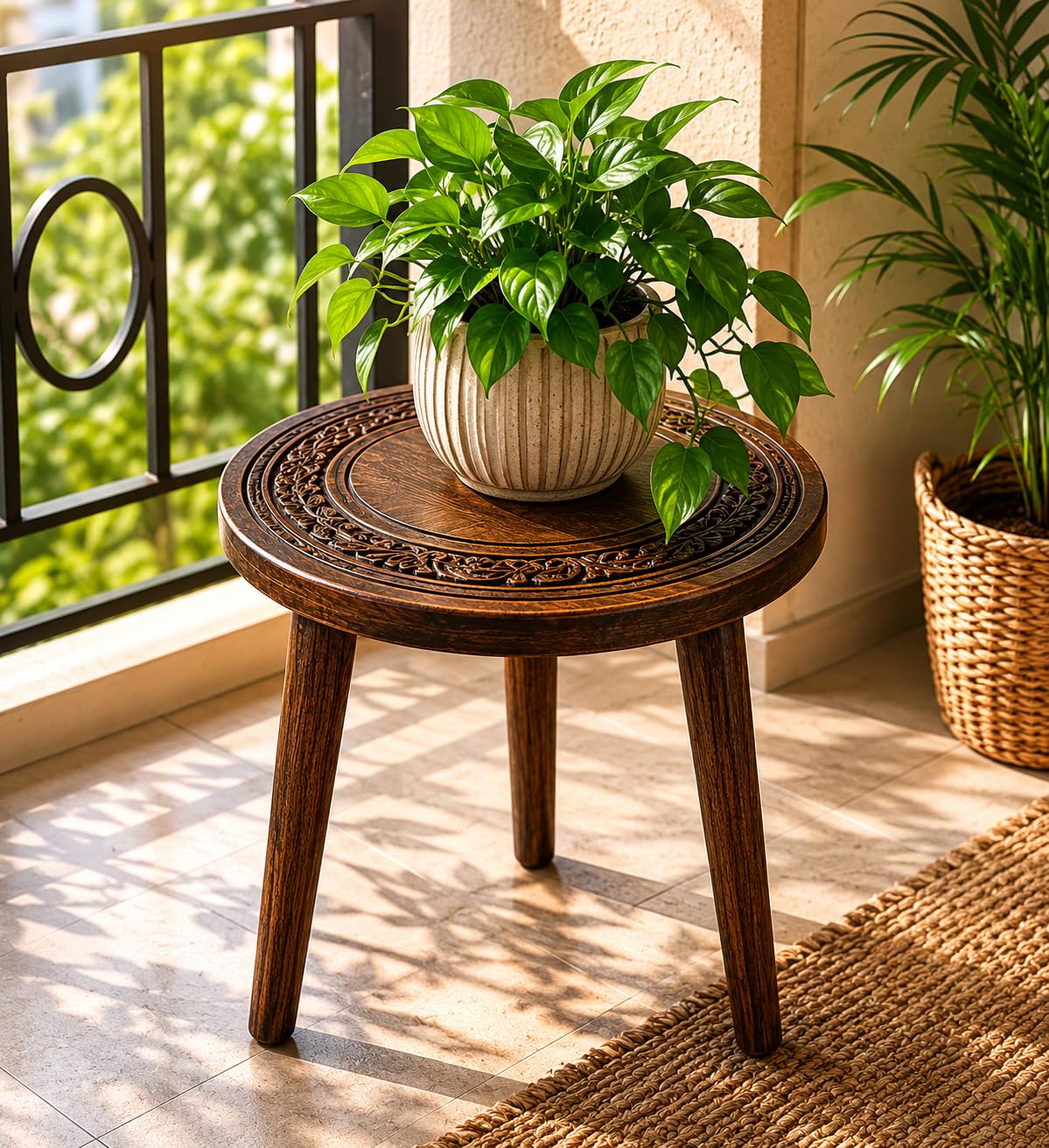 DAXTANARDAXTANAR Solid Wood Round Side Table | Handmade Wooden Plant Stand & Stool for Living Room, Balcony, and Home Decor | 13-Inch Height | Simple 12-inch Wide, Three-Leg Assembly-image-40