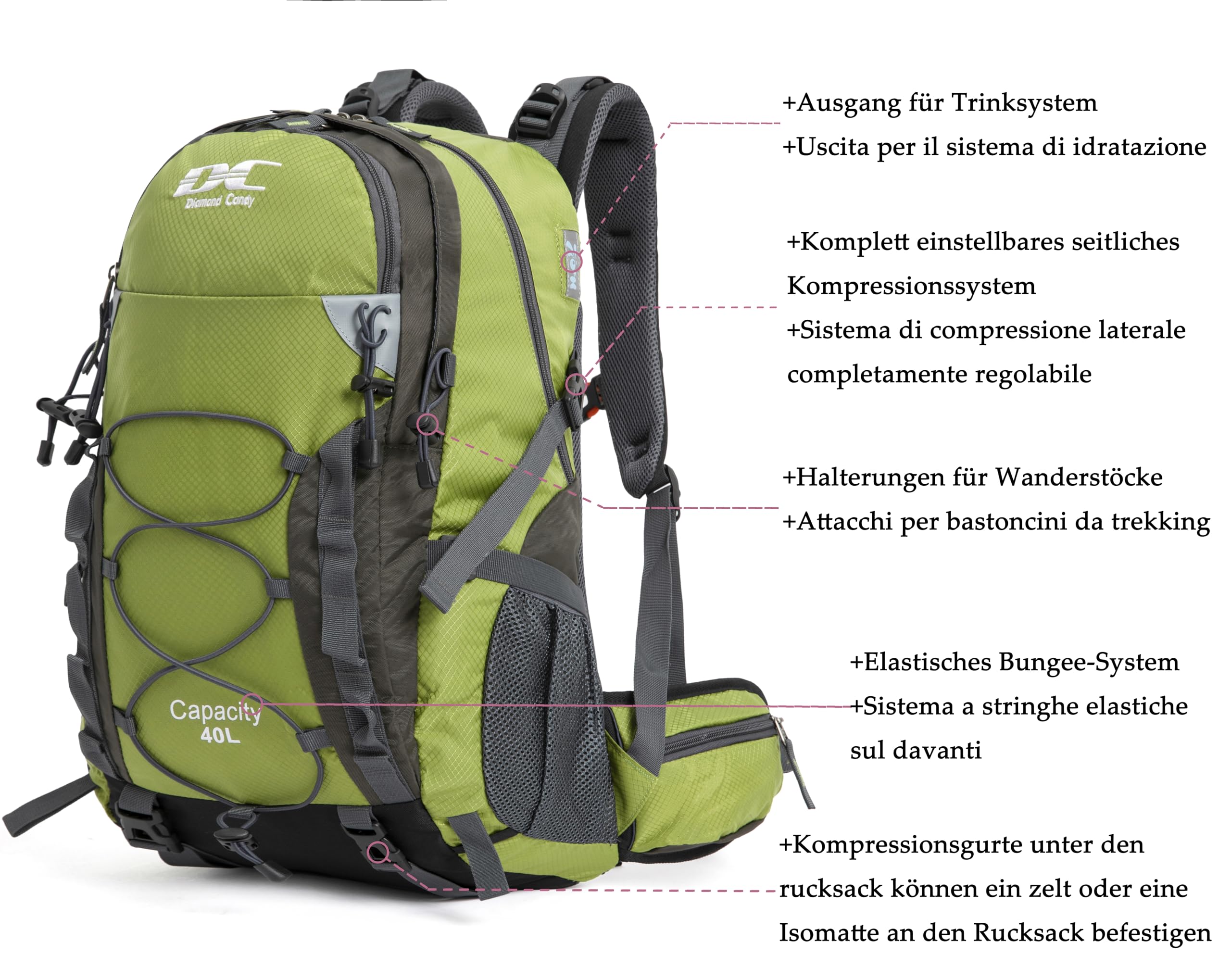 DCmount zaino trekking 40 litri multifunzione zaino da viaggio zaino impermeabile per campeggio sportivo alpinismo escursioni donna e uomo contiene copri zaino per pioggia