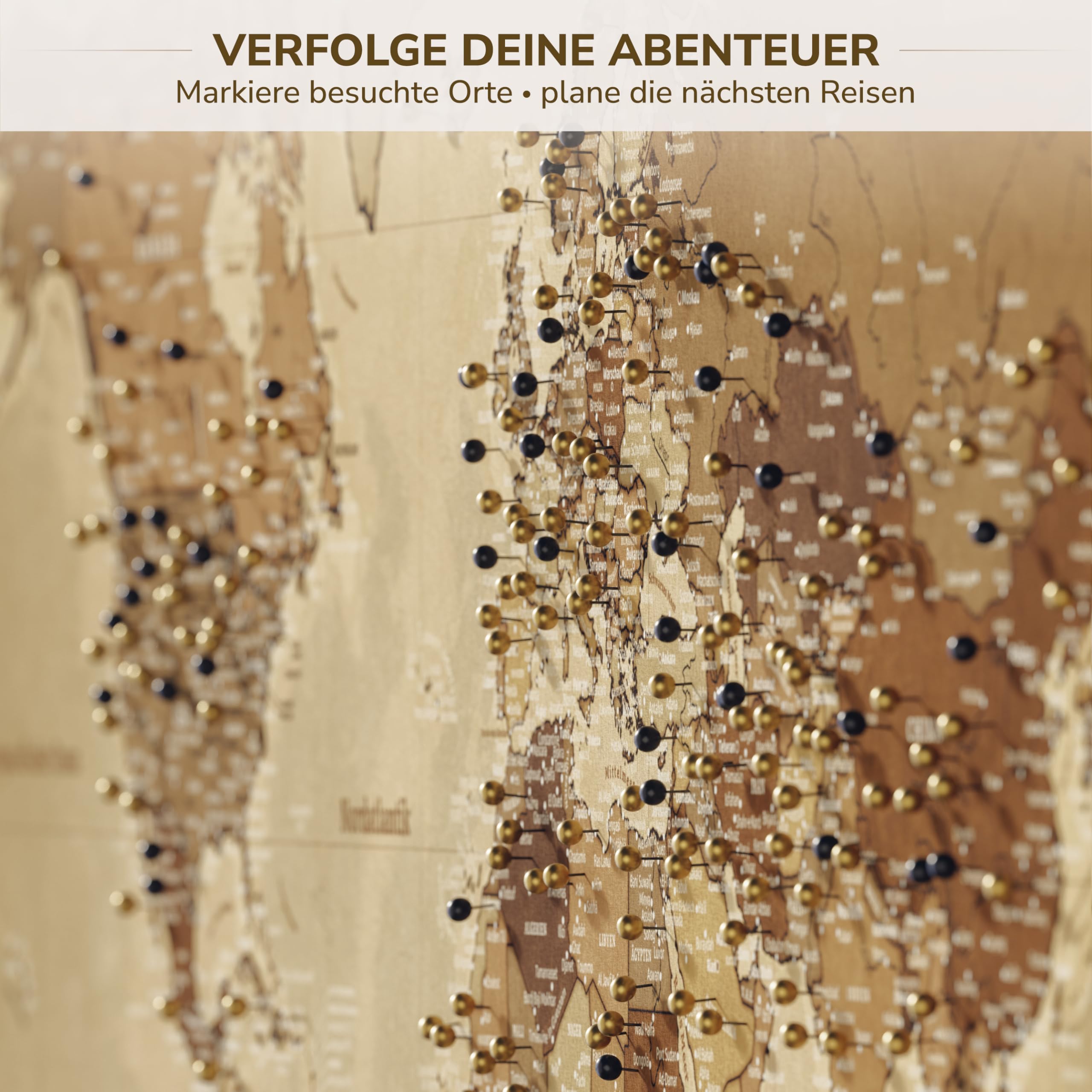 Generisch Personalisierbare Leinwand aus Weltkarte Motiv mit Rückwand-Pinnwand, perfekt für Reisende und als Wanddekoration, Dekorative Leinwandbilder, inkl. 100 Pins (Design 3, 120x80cm)