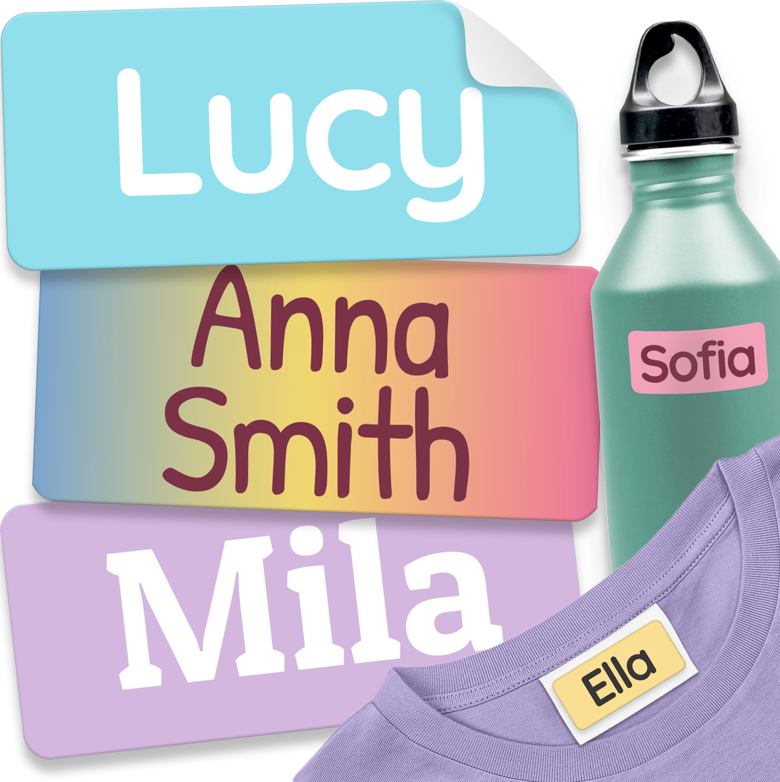 melu kids® Stick on Name Labels for Clothes & Items (120), Washable and Personalised Clothing Kids Name Stickers, Tags for School, No-Iron Labels - Candy