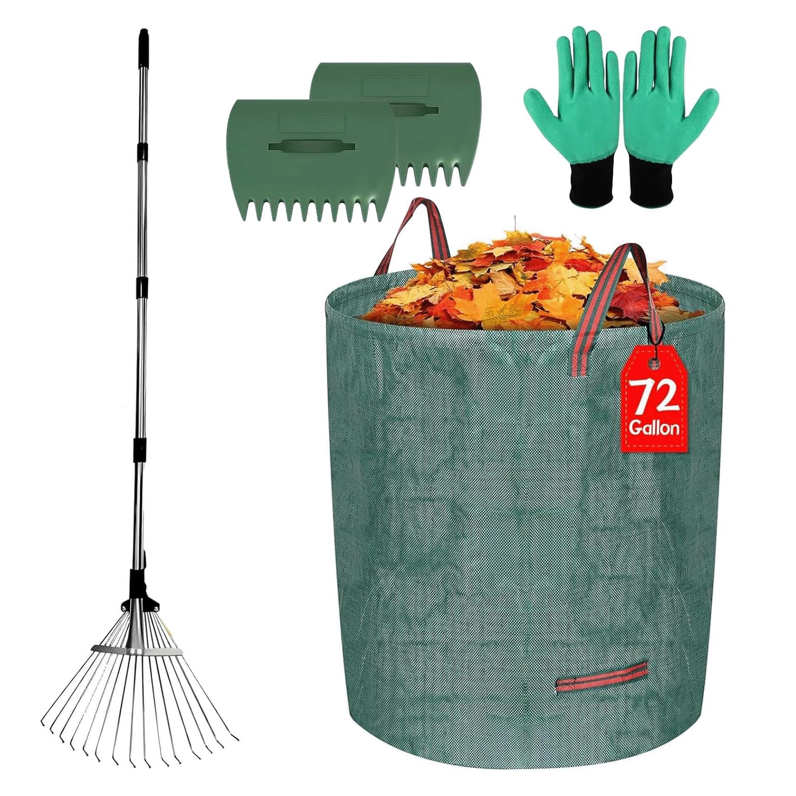 68-calowe, wytrzymałe metalowe grabie do liści, 72-galonowy worek na odpady trawnikowe, łopatki do liści, pazury, rękawice robocze, zestaw 4 w 1 grabi ogrodowych do ogrodnictwa, trawników, podwórek,