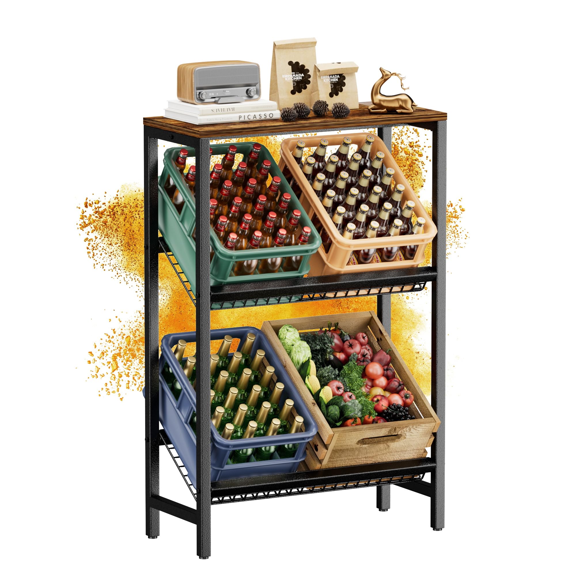 Getränkekistenregal 4 Kisten mit Holz Ablage, Stabiles Getränkeregal mit Verstellbare Ebenenwinkel und Füßen 76*32*114 cm, Metall Wasserkasten Regal Bierkisten regal Kistenregal für Küche, Bar, Keller
