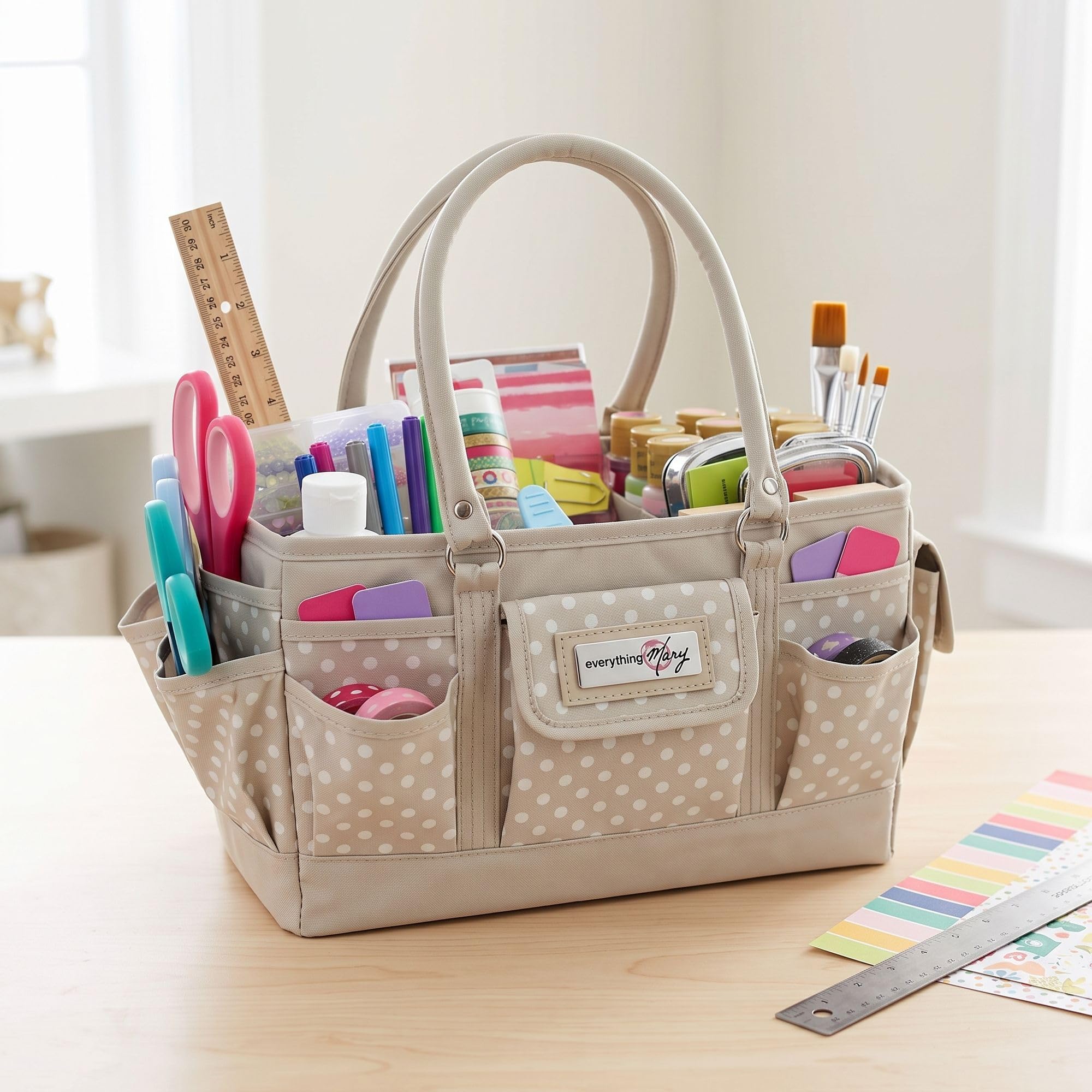 Everything Mary EVM12776-1 Basteltasche, Organizer, Tragetasche, Aufbewahrungskorb für Näh-und Scrapbooking, Bastelbedarf, mit Griff für Zubehör und Werkzeuge, Polyester, Hellbraun gepunktet