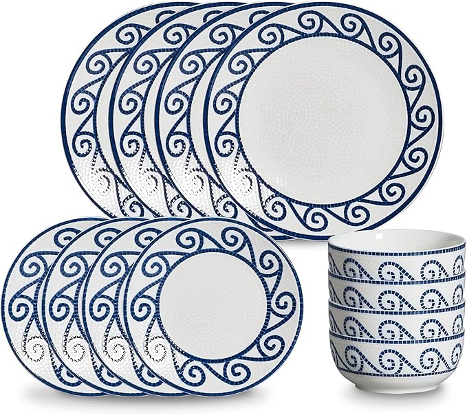 JODEVI 12-Piece Dinnerware Set for 4, Stoneware Kitchen Plates &amp; Bowls Set, Coastal Dinnerware Sets, Microwave &amp; Dishwasher Safe Scratch Resistant, Vintage Dishware Set for Everyday Use &amp; Family Meals