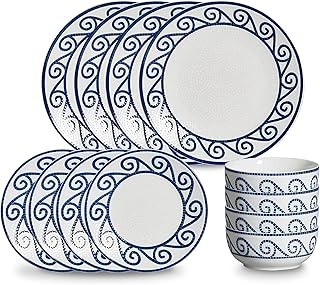 12-Piece Dinnerware Set for 4, Stoneware Kitchen Plates & Bowls Set, Coastal Dinnerware Sets,
