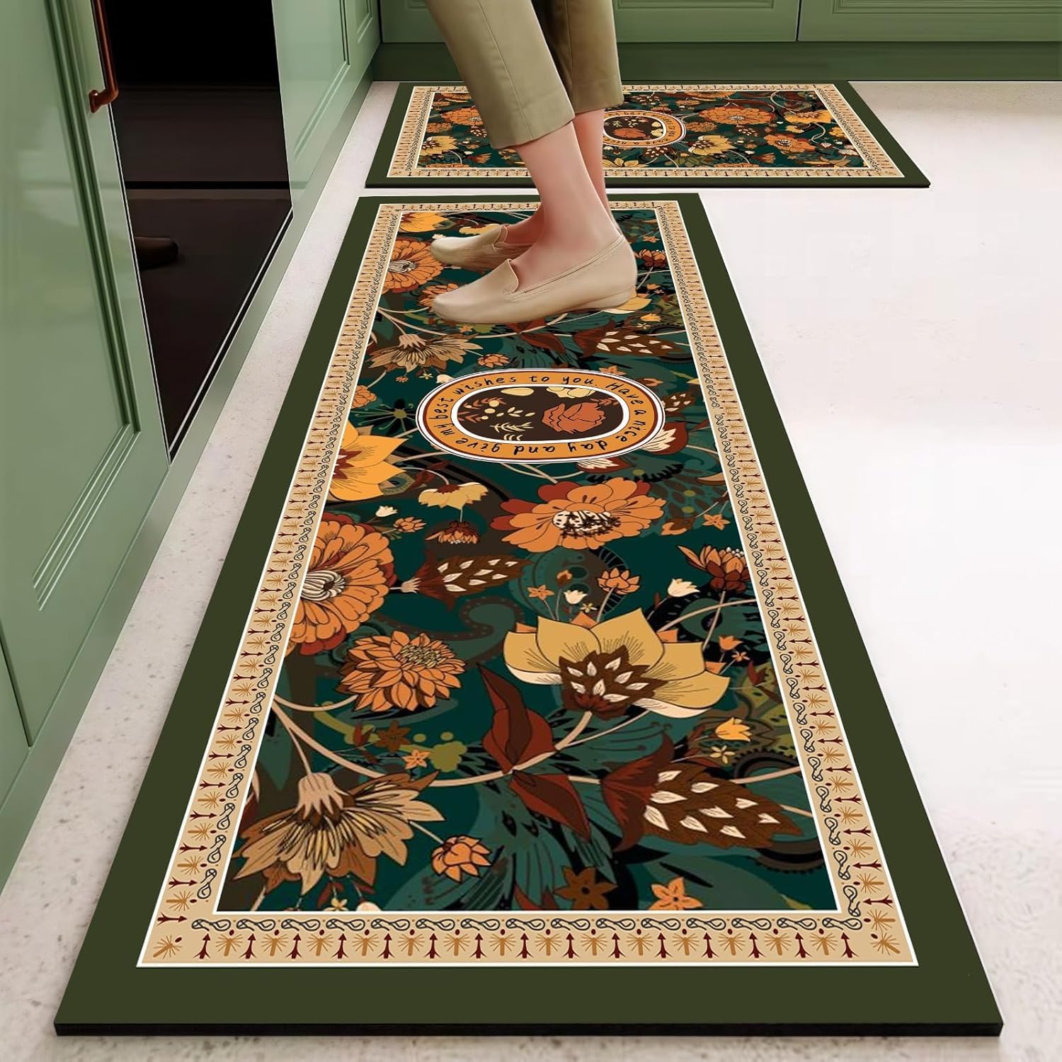 Art Themed Kitchen Mats and Rug Set Kitchen Floor Mat Anti Skid Washable Micro Polyester Luxury Kitchen Floor Door Mat Runner, Combo Set of 2 Pcs (Leaf MAT) — Amazon image 4