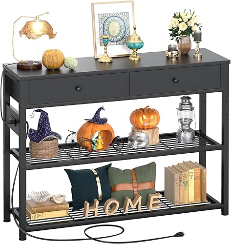 Mesa de entrada pequeña con estantes de almacenamiento, mesas de consola con cajones para entrada, mesas de sofá con estación de carga para sala de