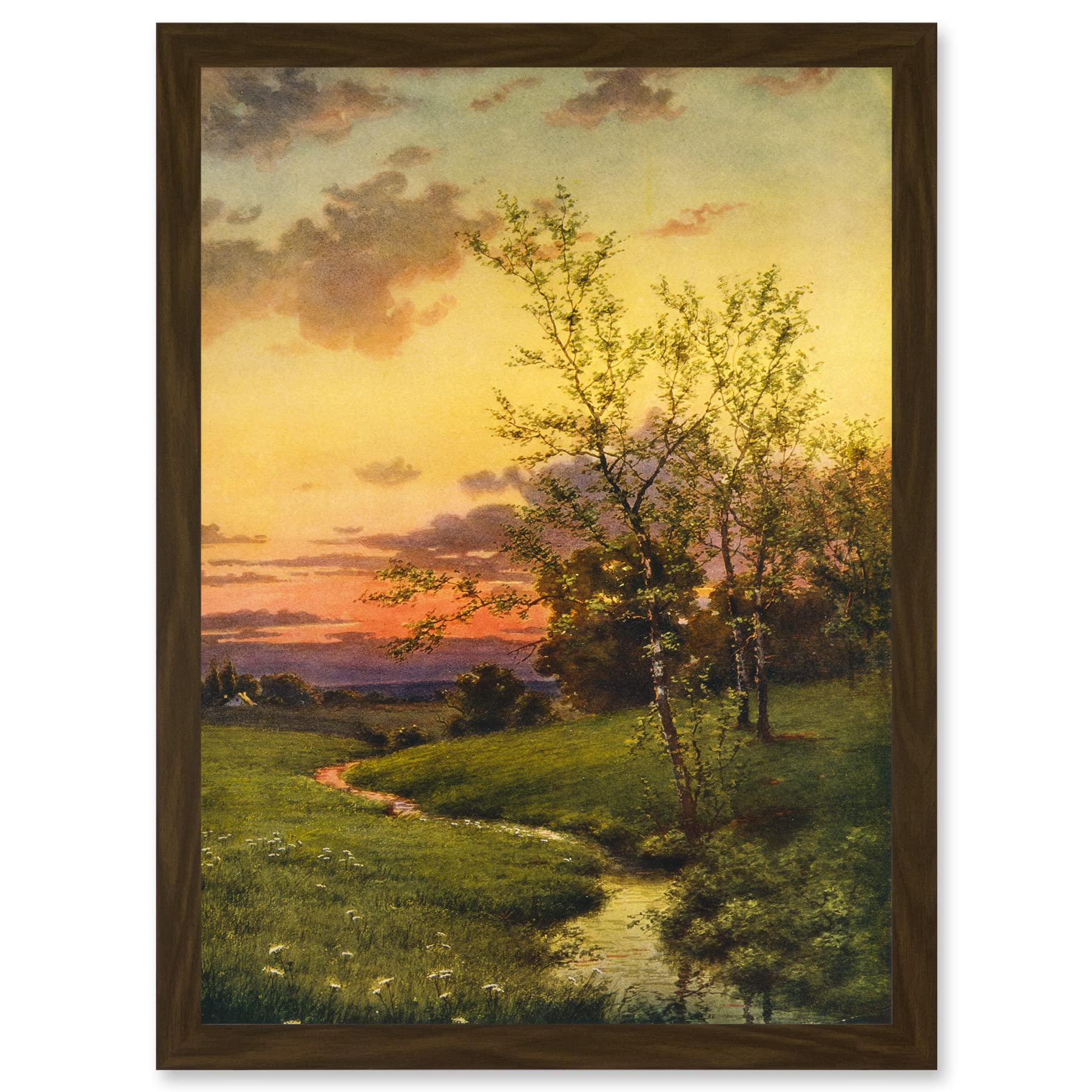 Artery8 Paintings Landscape Sunset Countryside Tree Meadow Brook Stream Artwork Framed Wall Art Print A4