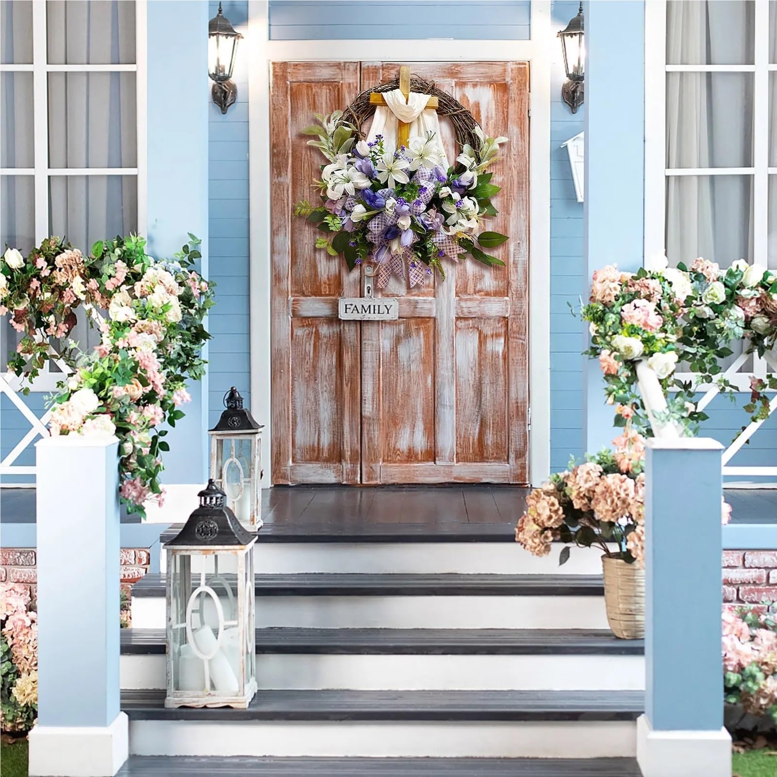 Couronne de 40 cm à Faire soi-même avec Croix, décoration printanière, Guirlande de Porte d'entrée de Pâques, décoration Murale, Couronne Artificielle for la Maison pour Mariage, Maison