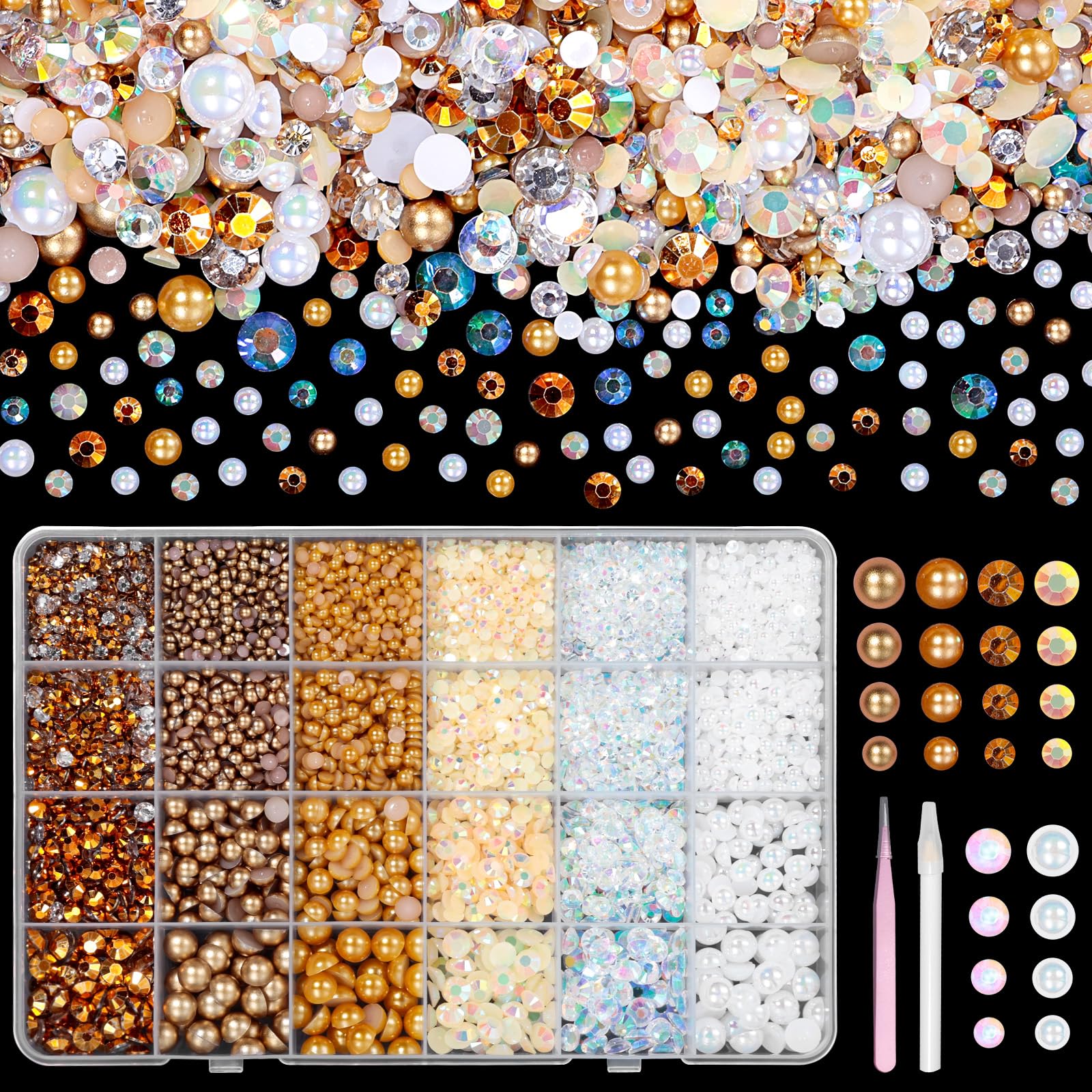 9000 Pcs Flatback Nail Pearl and Jelly Resin Rhinestones for Crafting, White Brown Mixed Size 3-8mm Jelly Rhinestones and Pearls Nail Jewels,