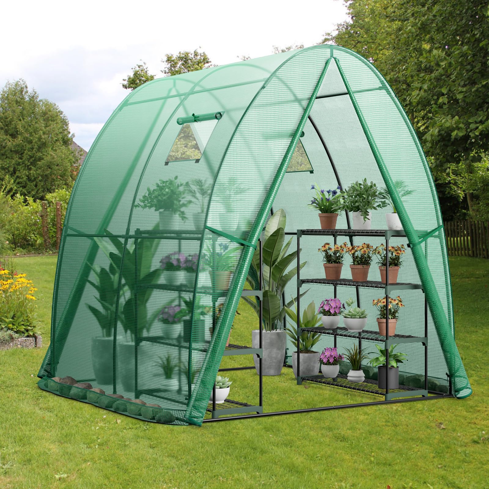 GYMAX Serra da Giardino, 181x181x200cm, Serra a Tunnel con 2 Finestre Avvolgibili e 2 Porte con Cerniera, Copertura in PE, Resistente al Vento, ai Raggi UV, Serra Invernale per Orto e Piante (Verde)