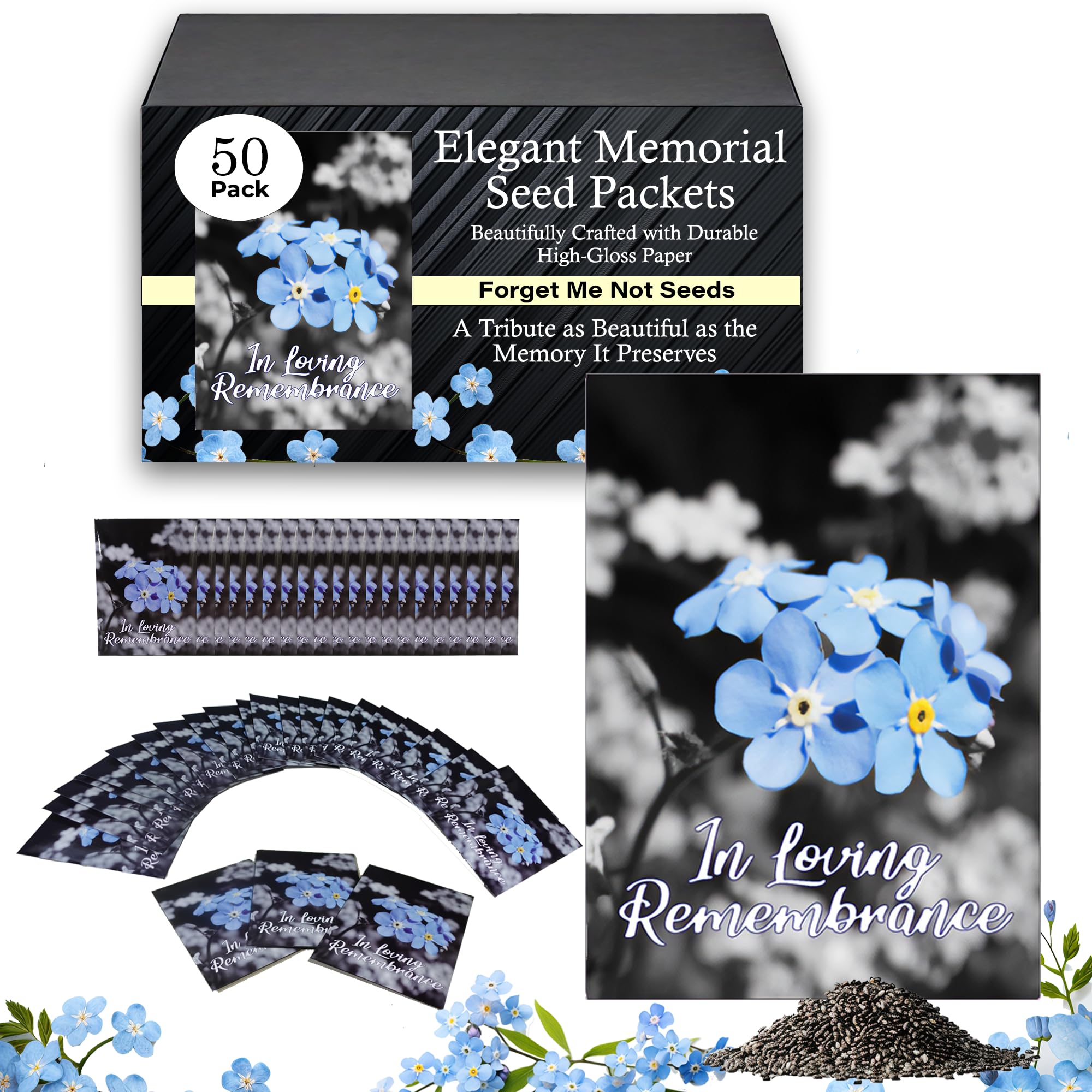 50pc Premium Pre-Filled Forget Me Not Seeds Packets Favors for Funerals, Funeral Decorations, Celebration of Life Decorations, Forget Me Not Seeds Packets, Celebration of Life Ideas, Memorial Cards