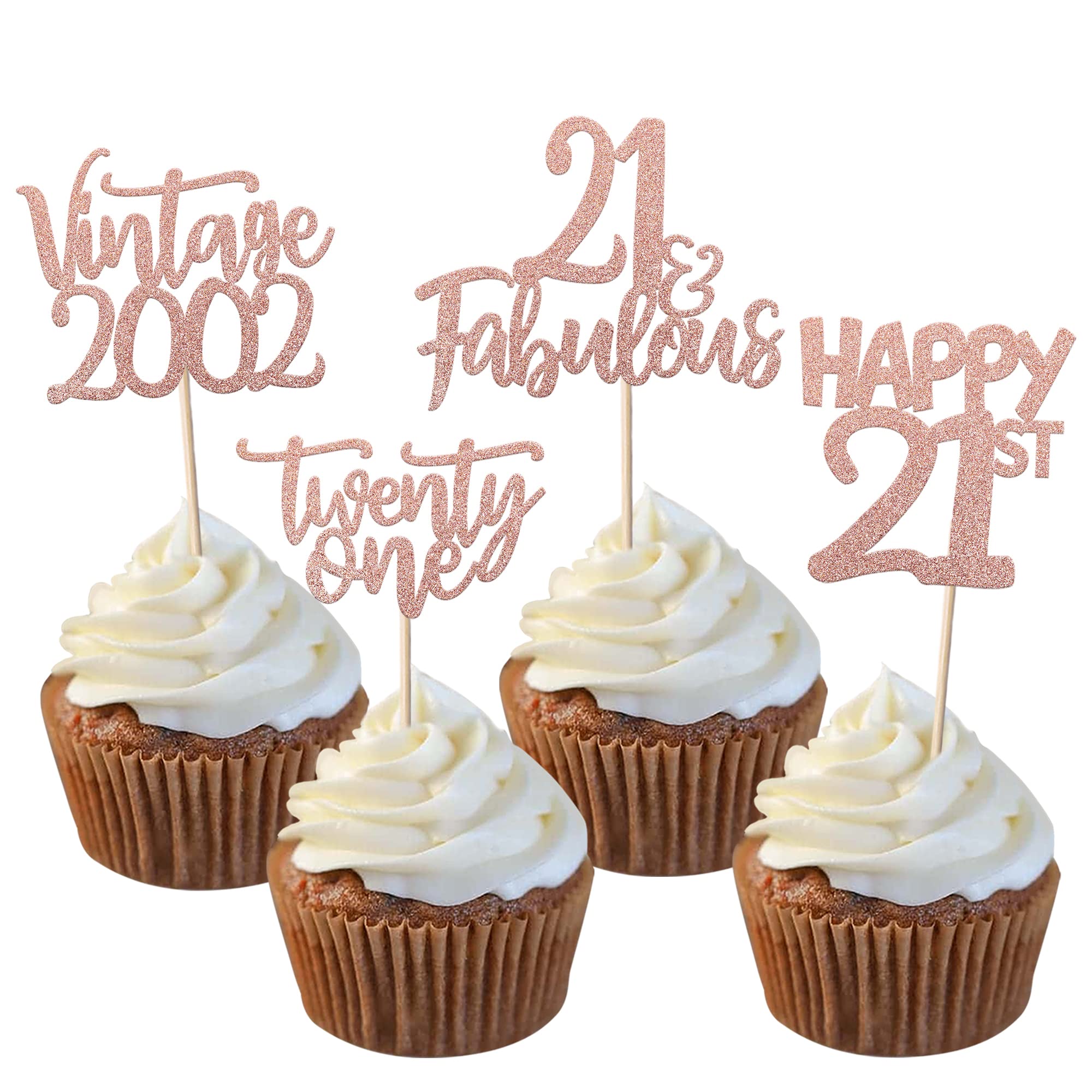 SYKYCTCY 24 Pack Vintage 2002 Cupcake Toppers Glitter Twenty-one 21 Fabulous Number 2002 Cupcake Picks Happy 21st Birthday Wedding Anniversary Party Cake Decorations Supplies Rosegold