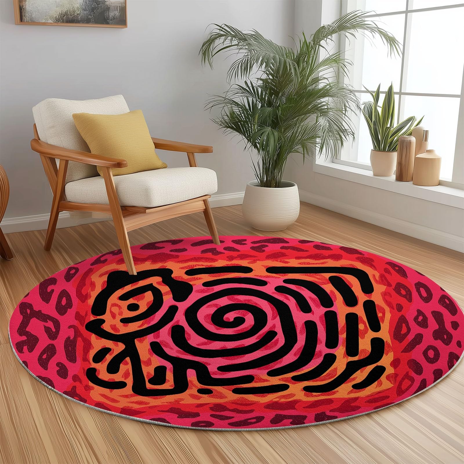 Tapis rond 150 cm lavable motif tigre rose antidérapant pour salon