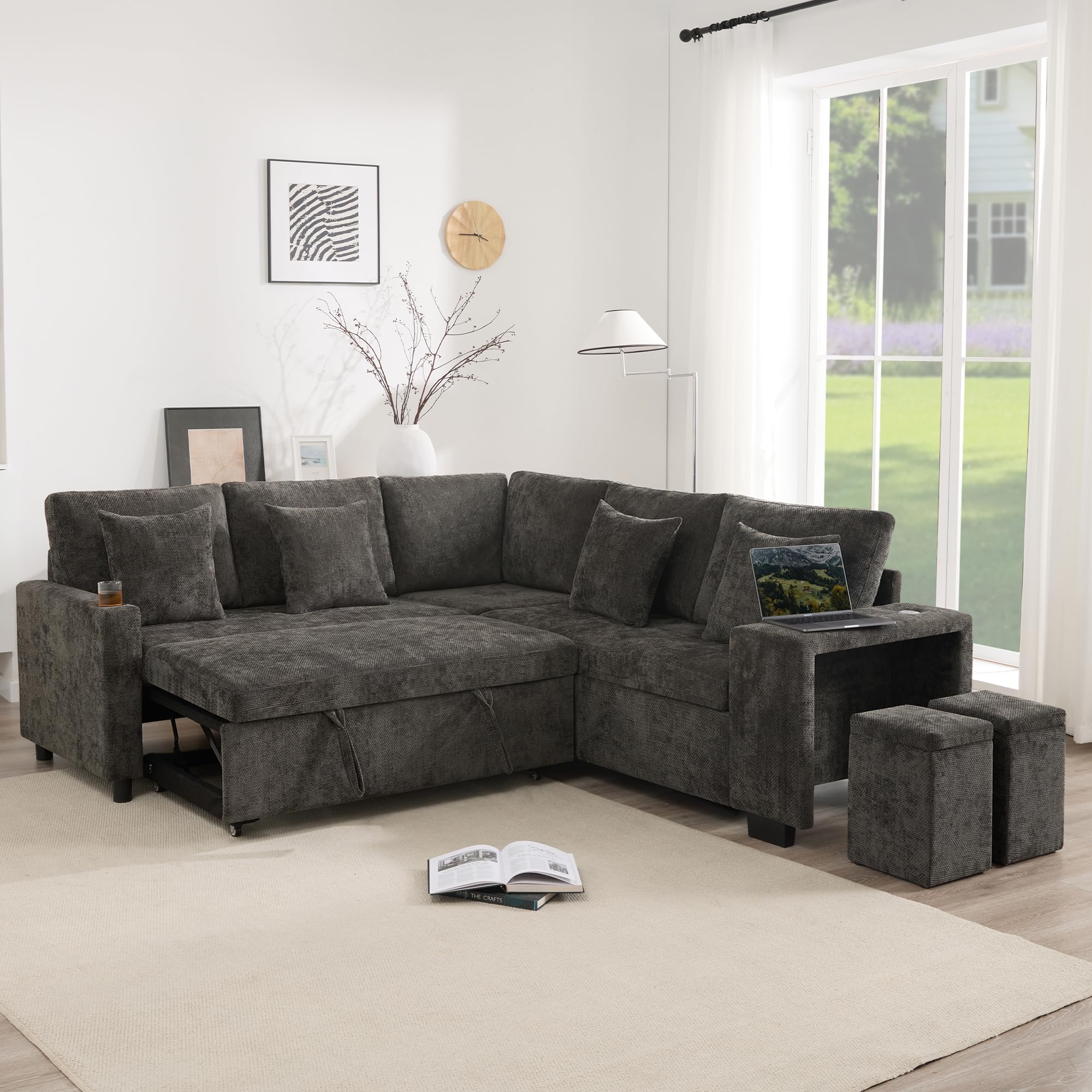 Sofa narożna z funkcją spania i miejscem do przechowywania – modułowa sofa i sofa z funkcją spania, USB-C, uchwyt na napoje, szenilowy, w zestawie poduszki, do salonu, kina domowego, szara