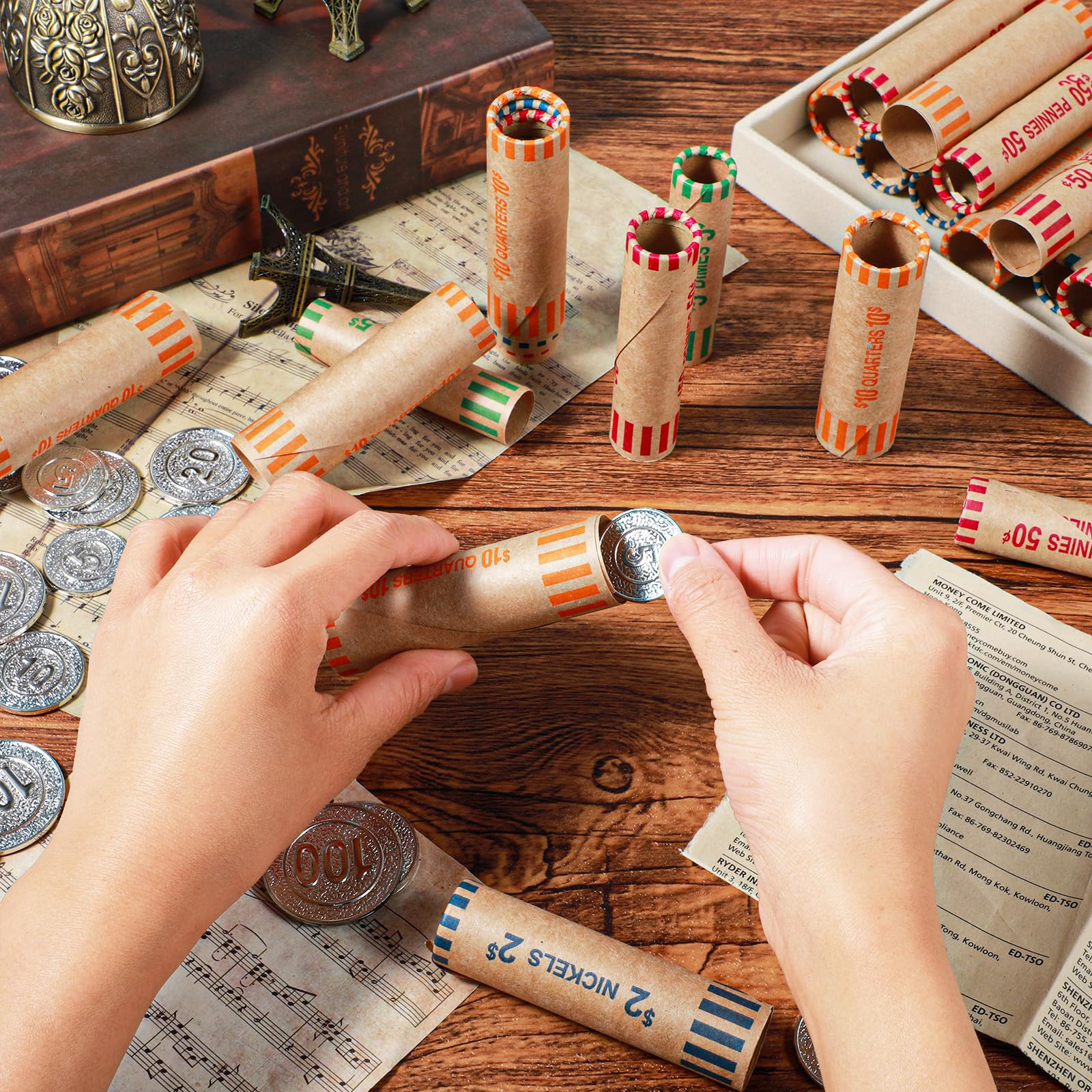 256 Stück sortierte vorgeformte Münzrollen – bunte Kraftpapier-Münzrollen für Viertel, Pennies, Nickels, Dimes (4 Größen, 4 Farben)