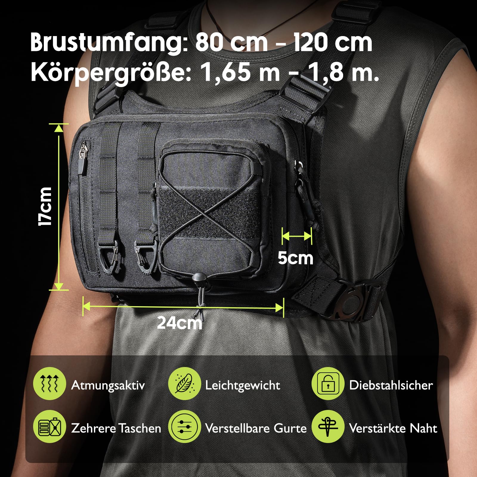 Poche poitrine tactique pour homme et femme, poche poitrine légère avec espace de rangement supplémentaire, gilet de course avec support pour téléphone portable, taille unique, poche poitrine
