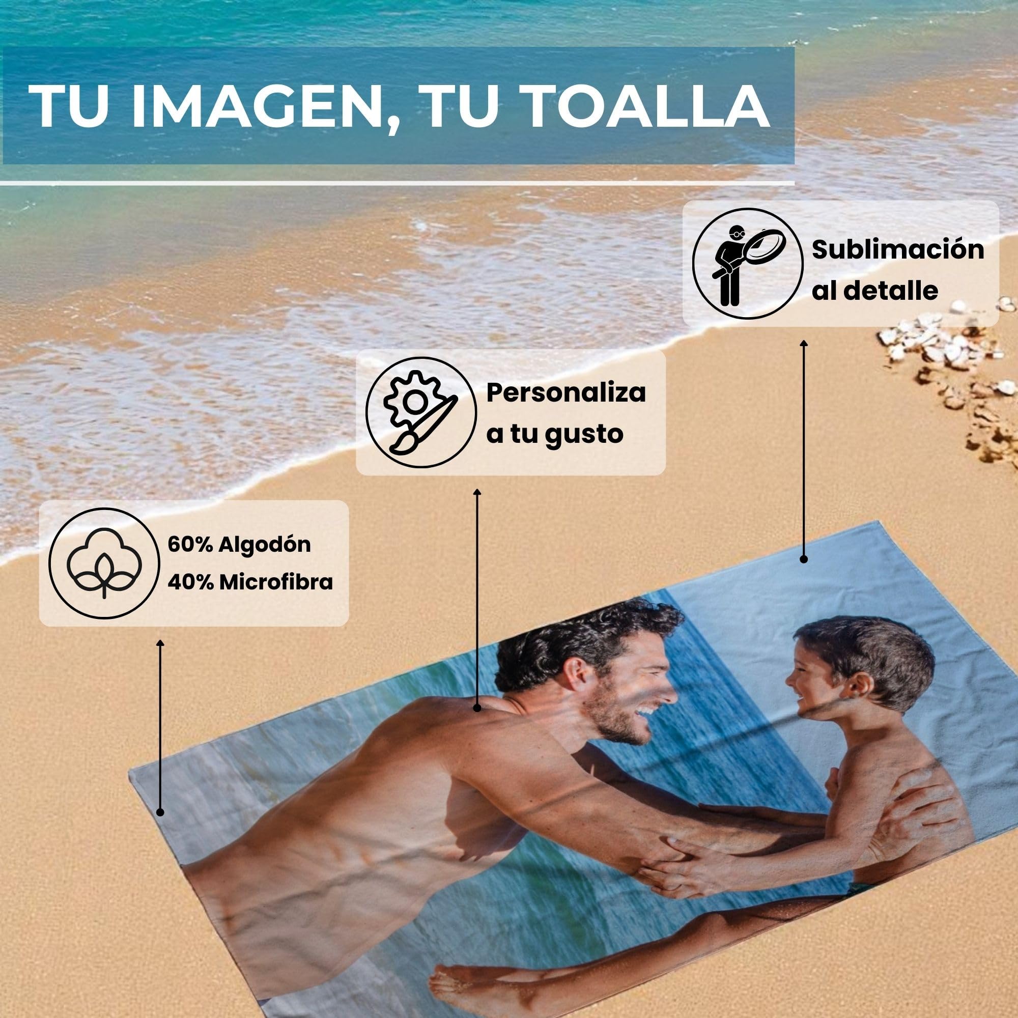 Toalla Personalizada Playa Algodón. Toallas baño personalizadas. Toalla Playa Grande. Regalos Personalizados para Mujer Personalizados con Foto. Toallas Personalizadas de baño. 90x180 PREMIUM GRUESA
