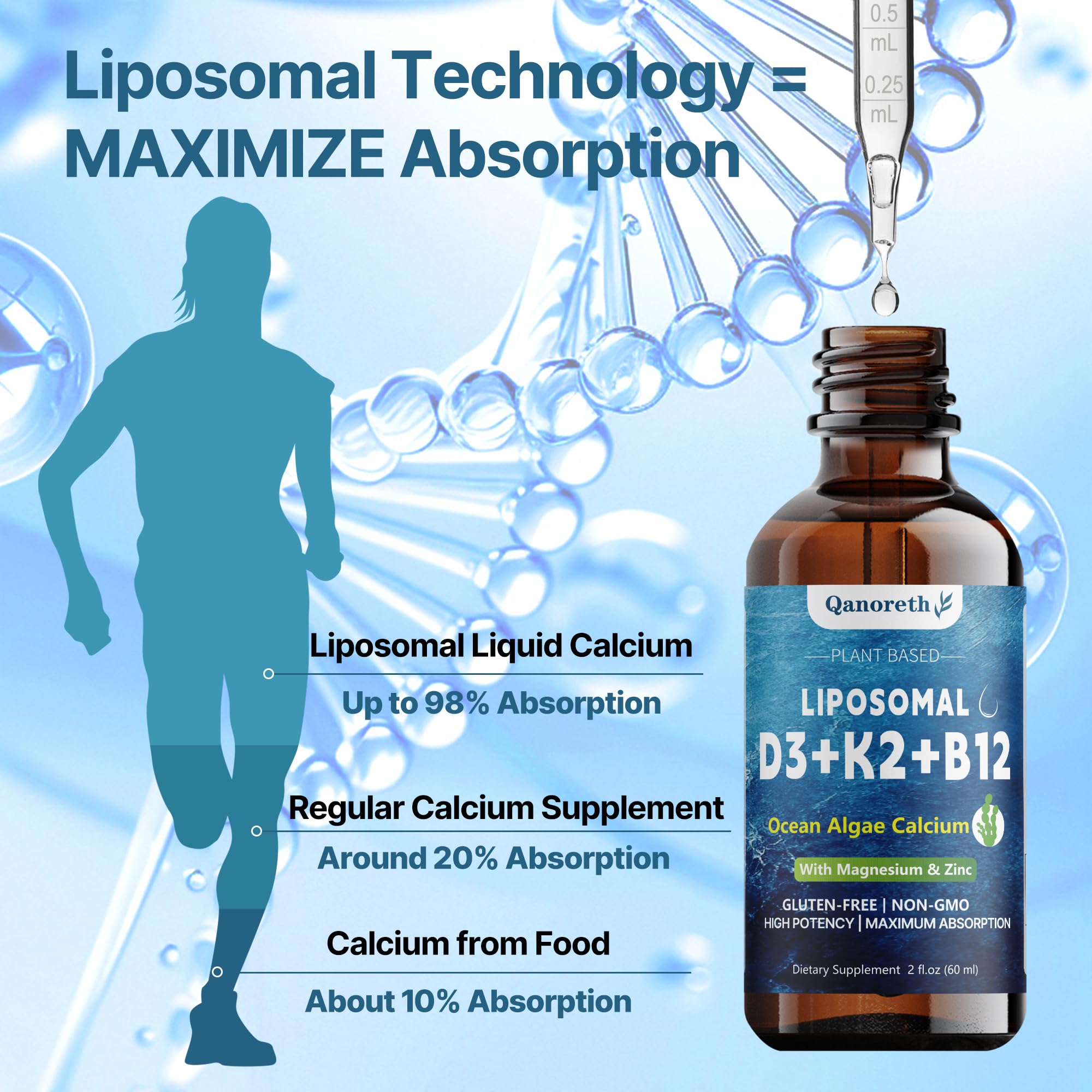 6-in-1 Liposomal Calcium 600 mg, Vitamin D3 & K2, Plant Based Vegan Liquid Algae Ca-lcium & Magnesium Zinc D3 5000 IU Supplement + K2 MK7 + Methyl B12, Maximum Absorption for Bone,Heart&Immune Health — Amazon image 2