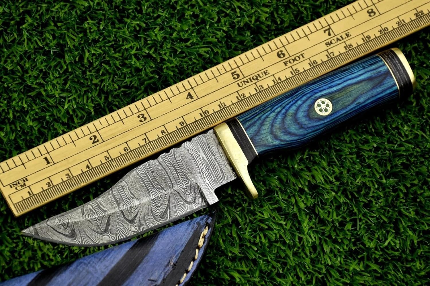 Damascus Steel Handcrafted Fixed Blade Hunting Knife, 8-Inch Skinning Knife with Damascus Pattern Blade, Multicolor Wood Handle, Brass Guard, Leather Sheath (Dark Blue)