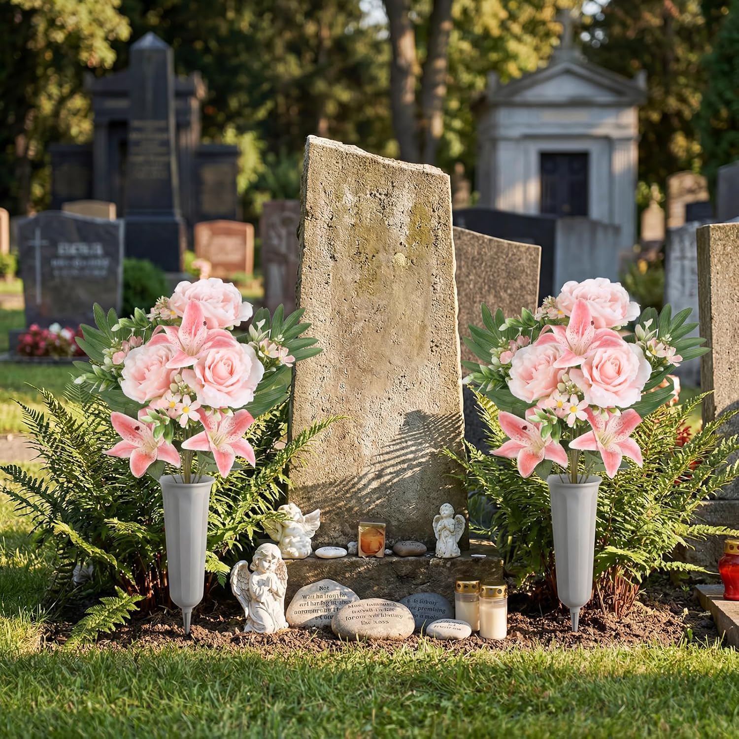 2Sets Artificial Cemetery Flowers with Cemetery Vase Pink Artificial Rose Lily Graveyard Memorial Bouquets for Memorial Day Outdoor Grave Cemetery Headstones Decorations (Pink)