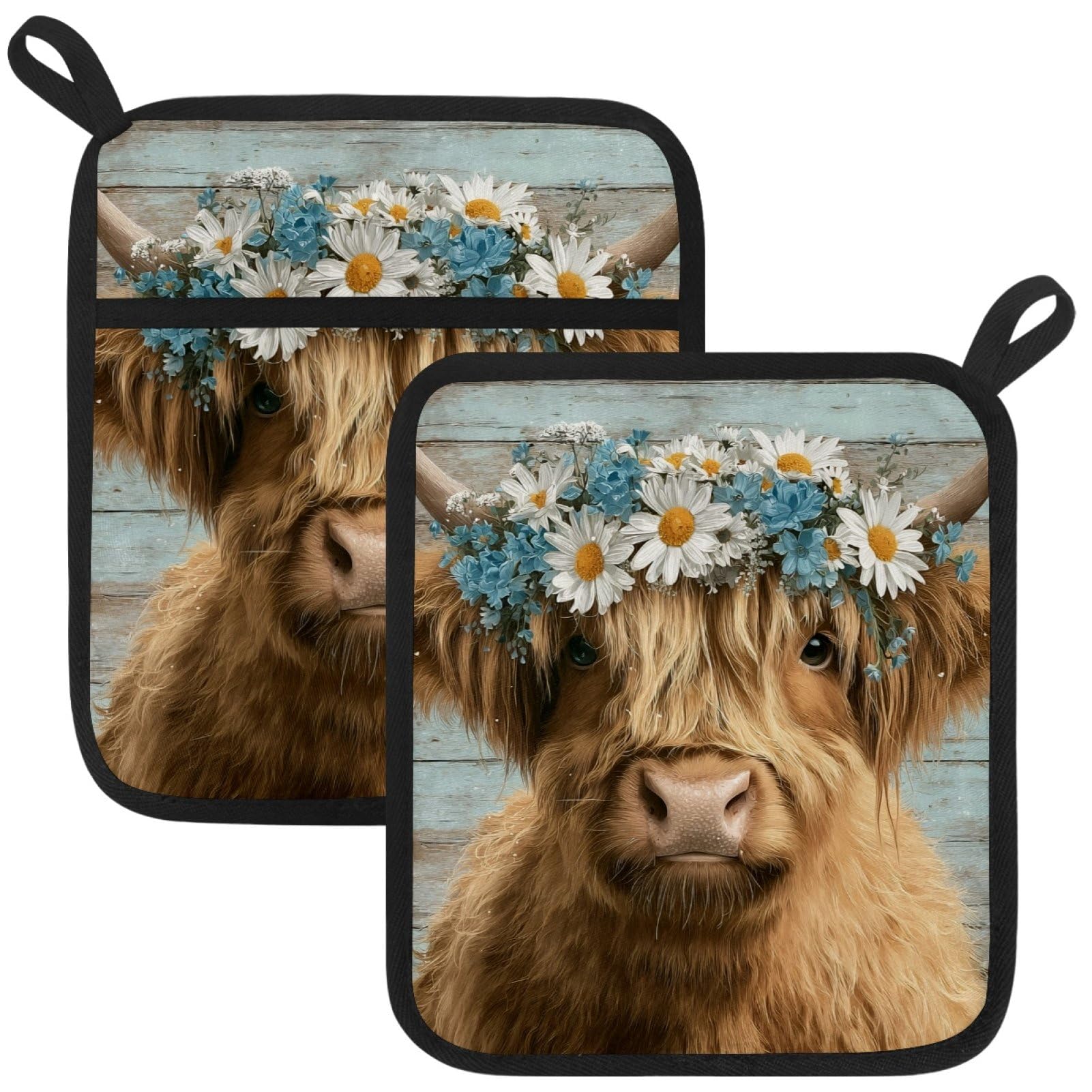 VAPOKF Farmhouse Highland Cattle Pot Holder, Heat Resistant Oven Cloths, Potholders & Oven Gloves, for Kitchen Cooking & Baking, Thick & Safe, Protection of Hands From Hot Utensils