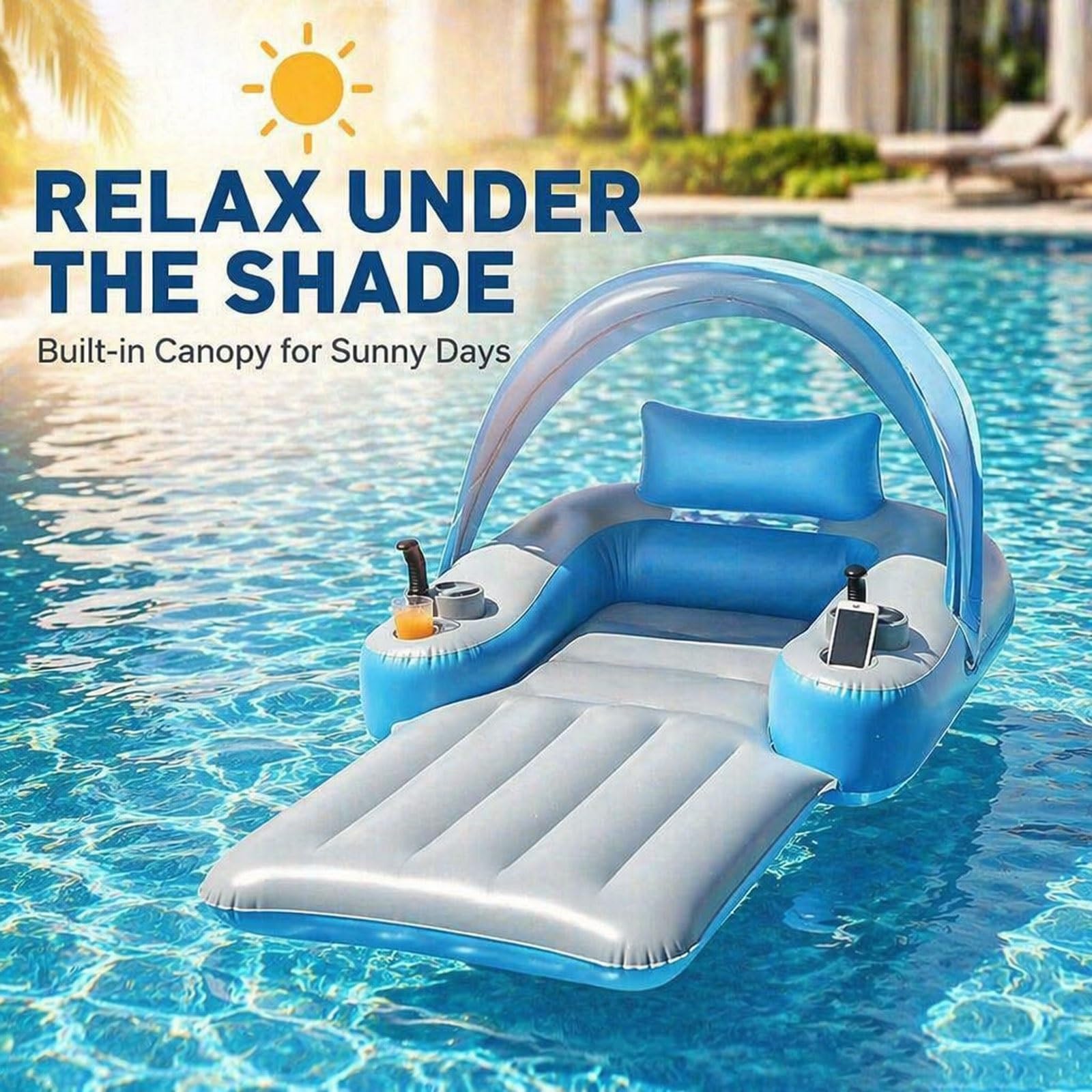 Materassino da Piscina Motorizzato, Lettino Gonfiabile Elettrico con Elica Rotante a 360°, Tettuccio Rimovibile, Batteria Ricaricabile e Pompa Elettrica per Piscine, Laghi e Spiagge